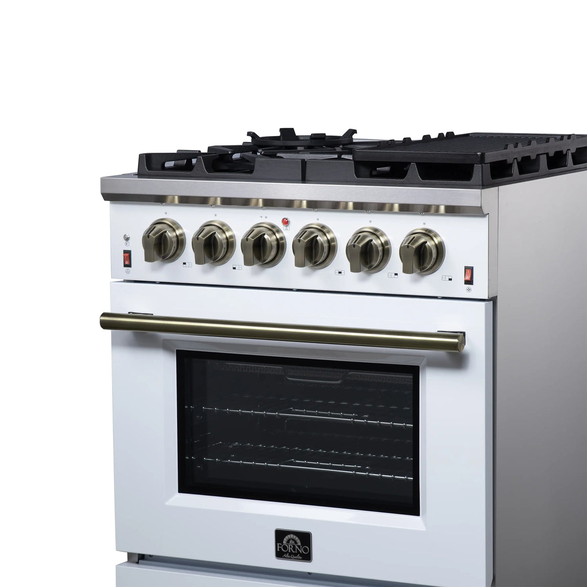 Forno Massimo 30-Inch Freestanding Gas Range, 4 Burners, 4.32 Cu. Ft. Convection Oven, White with Antique Brass Handle (FFSGS6239-30WHT)