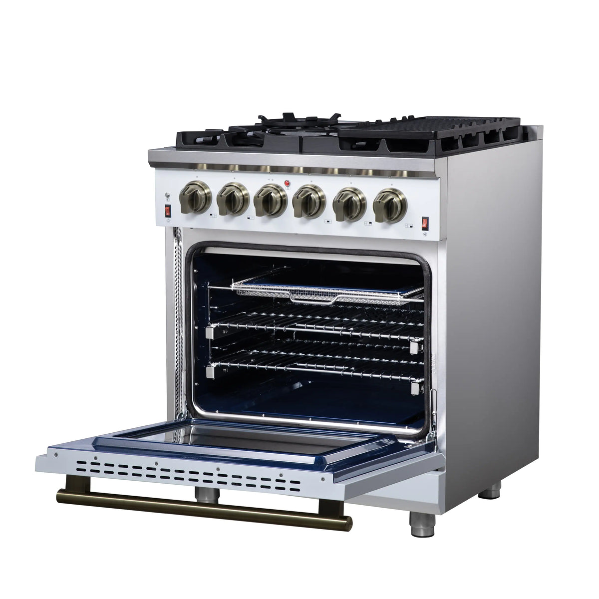 Forno Massimo 30-Inch Freestanding Gas Range, 4 Burners, 4.32 Cu. Ft. Convection Oven, White with Antique Brass Handle (FFSGS6239-30WHT)