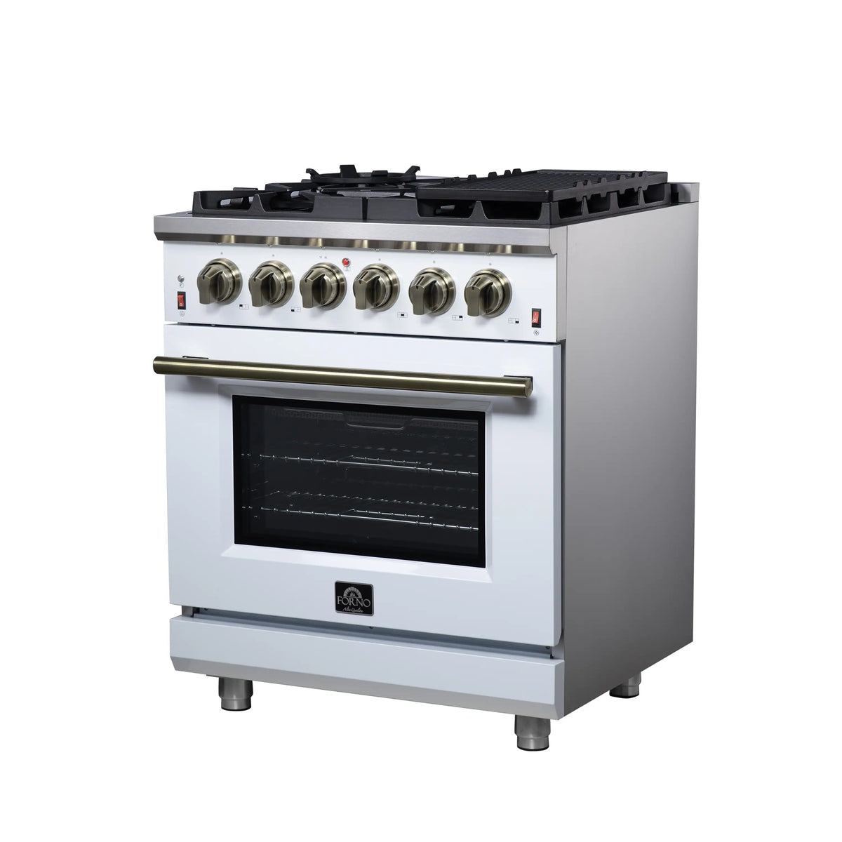 Forno Massimo 30-Inch Freestanding Gas Range, 4 Burners, 4.32 Cu. Ft. Convection Oven, White with Antique Brass Handle (FFSGS6239-30WHT)