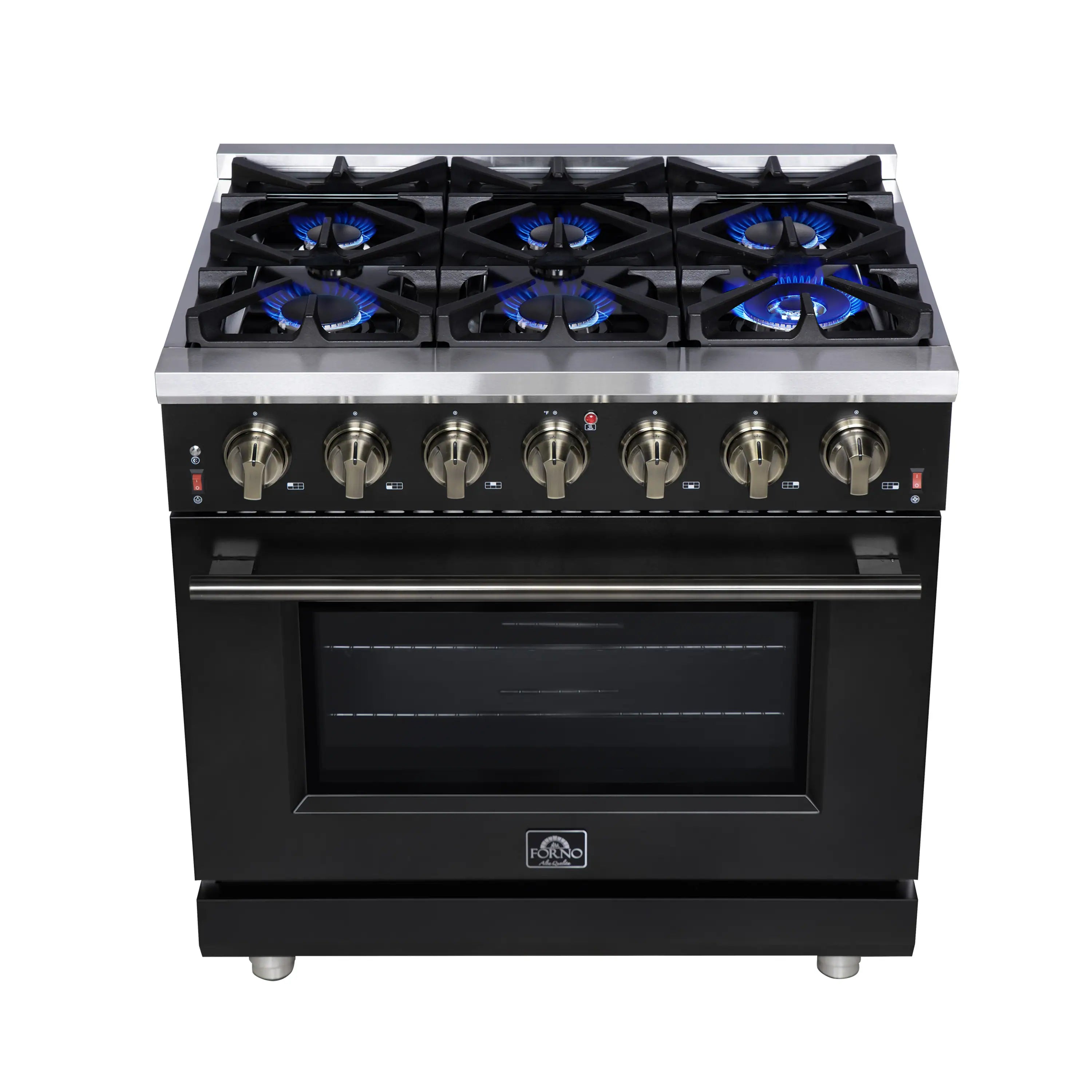 Forno Massimo 36-Inch Freestanding Gas Range with 6 Burners & 5.36 Cu.Ft. Convection Oven in Black with Antique Brass Handle (FFSGS6239-36BLK)
