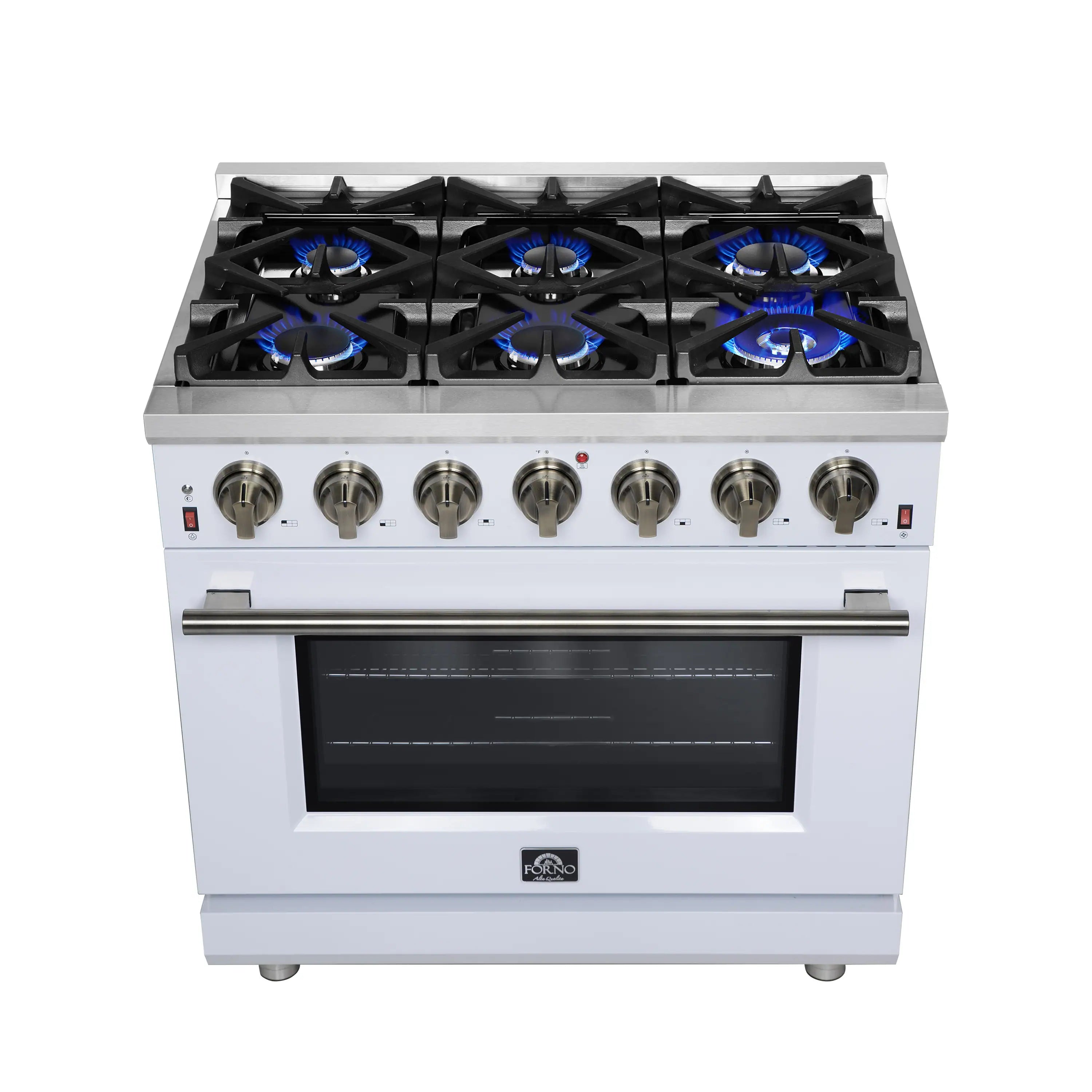 Forno Massimo 36-Inch Freestanding Gas Range with 6 Burners & 5.36 Cu.Ft. Convection Oven in White with Antique Brass Handle (FFSGS6239-36WHT)