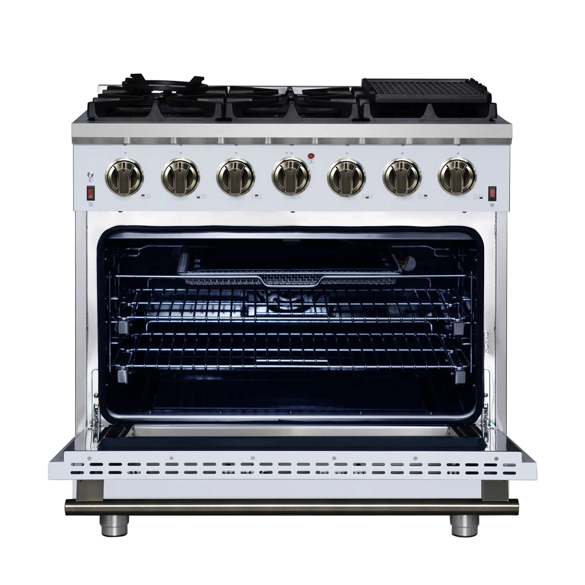 Forno Massimo 36-Inch Freestanding Gas Range, 6 Burners, 5.36 Cu. Ft. Convection Oven, White with Antique Brass Handle (FFSGS6239-36WHT)