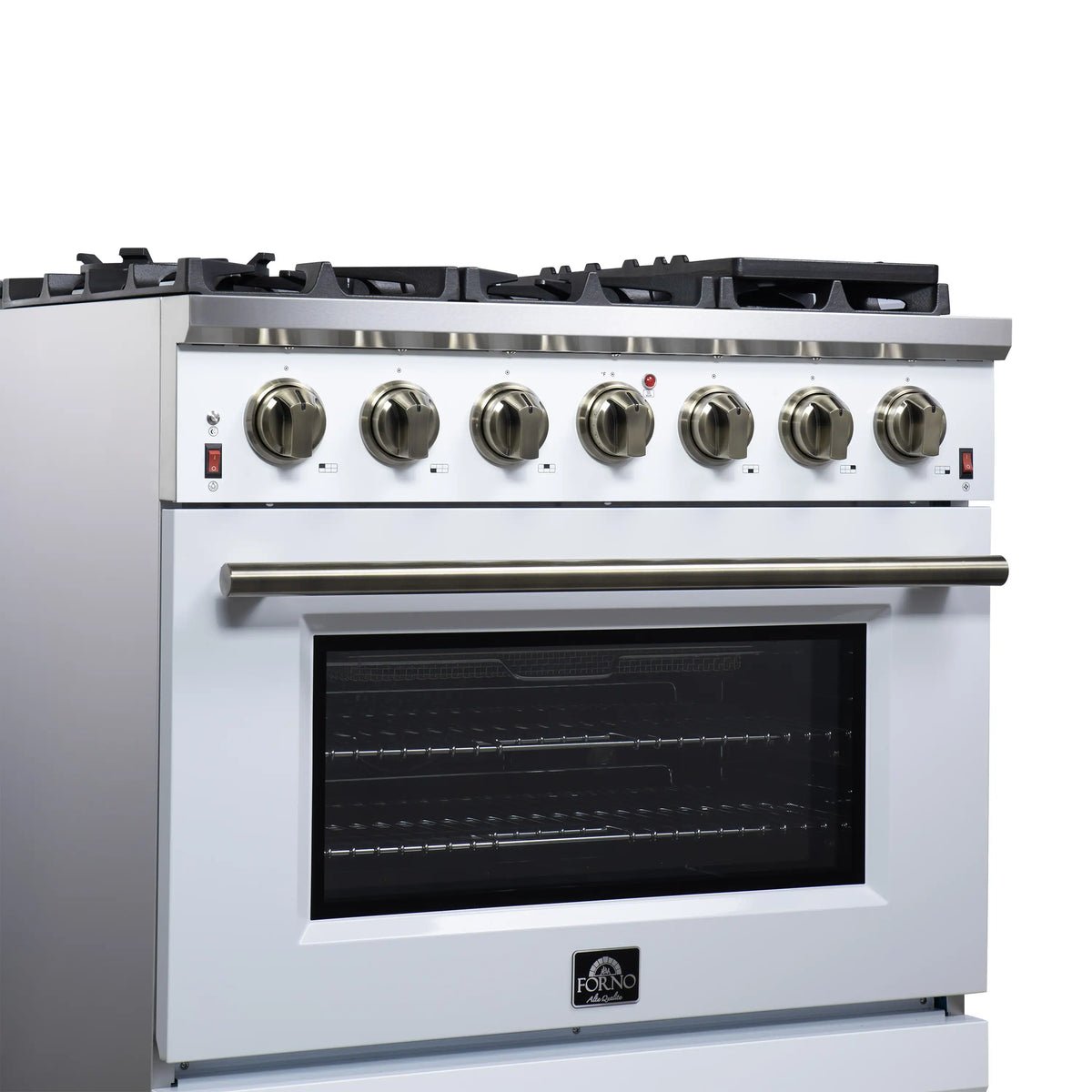 Forno Massimo 36-Inch Freestanding Gas Range, 6 Burners, 5.36 Cu. Ft. Convection Oven, White with Antique Brass Handle (FFSGS6239-36WHT)