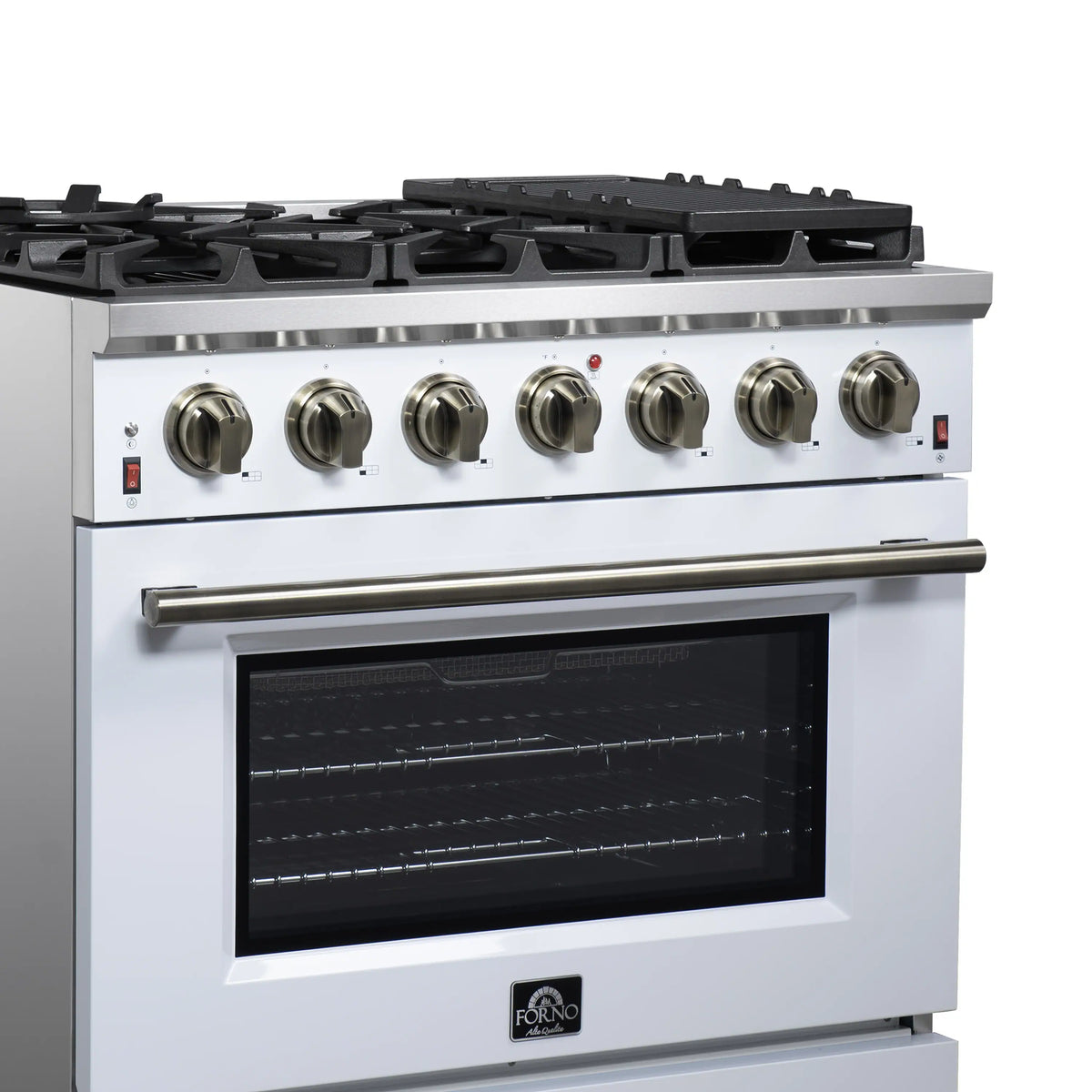 Forno Massimo 36-Inch Freestanding Gas Range, 6 Burners, 5.36 Cu. Ft. Convection Oven, White with Antique Brass Handle (FFSGS6239-36WHT)