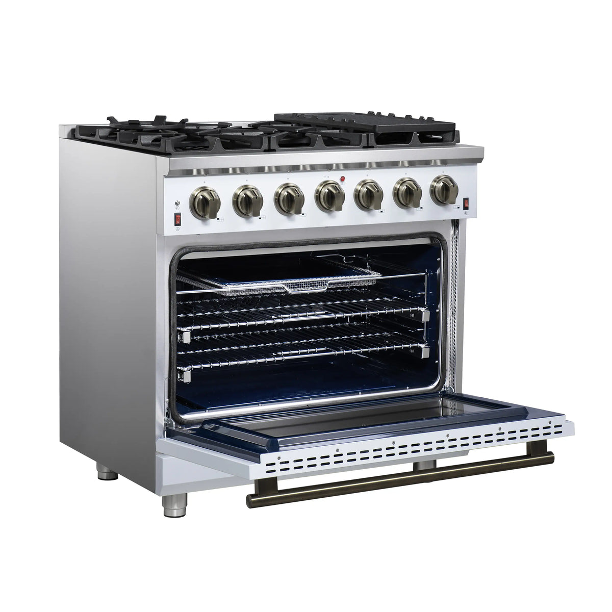 Forno Massimo 36-Inch Freestanding Gas Range, 6 Burners, 5.36 Cu. Ft. Convection Oven, White with Antique Brass Handle (FFSGS6239-36WHT)
