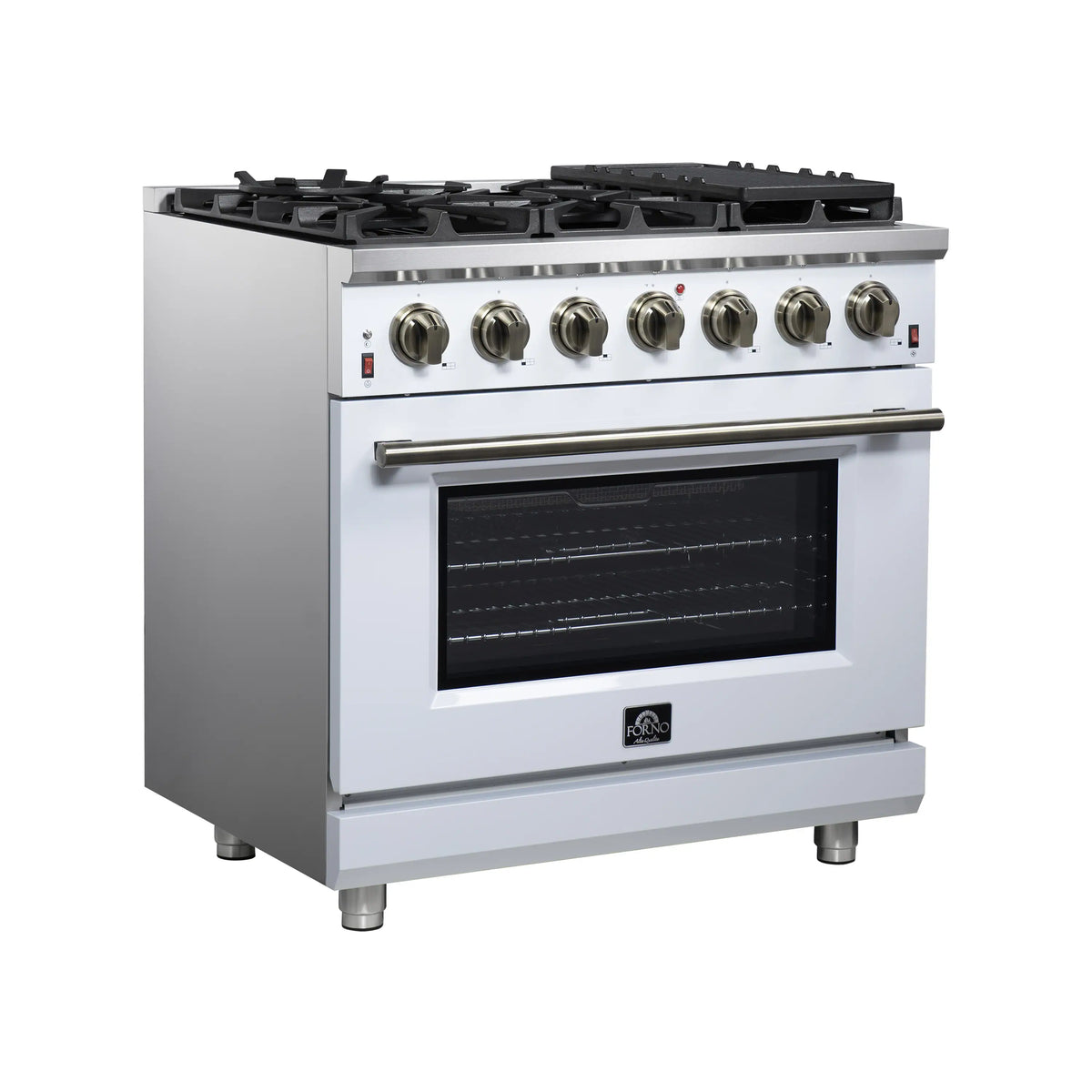 Forno Massimo 36-Inch Freestanding Gas Range, 6 Burners, 5.36 Cu. Ft. Convection Oven, White with Antique Brass Handle (FFSGS6239-36WHT)