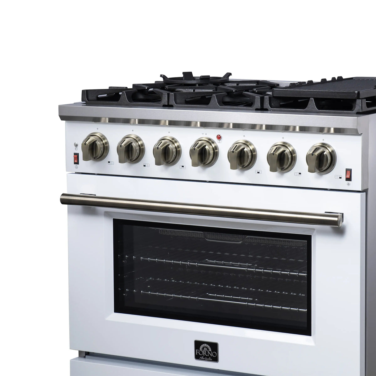 Forno Massimo 36-Inch Freestanding Gas Range, 6 Burners, 5.36 Cu. Ft. Convection Oven, White with Antique Brass Handle (FFSGS6239-36WHT)