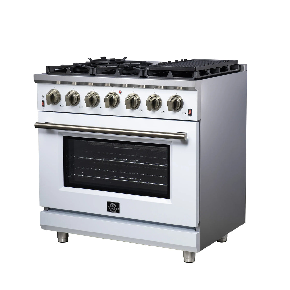 Forno Massimo 36-Inch Freestanding Gas Range, 6 Burners, 5.36 Cu. Ft. Convection Oven, White with Antique Brass Handle (FFSGS6239-36WHT)