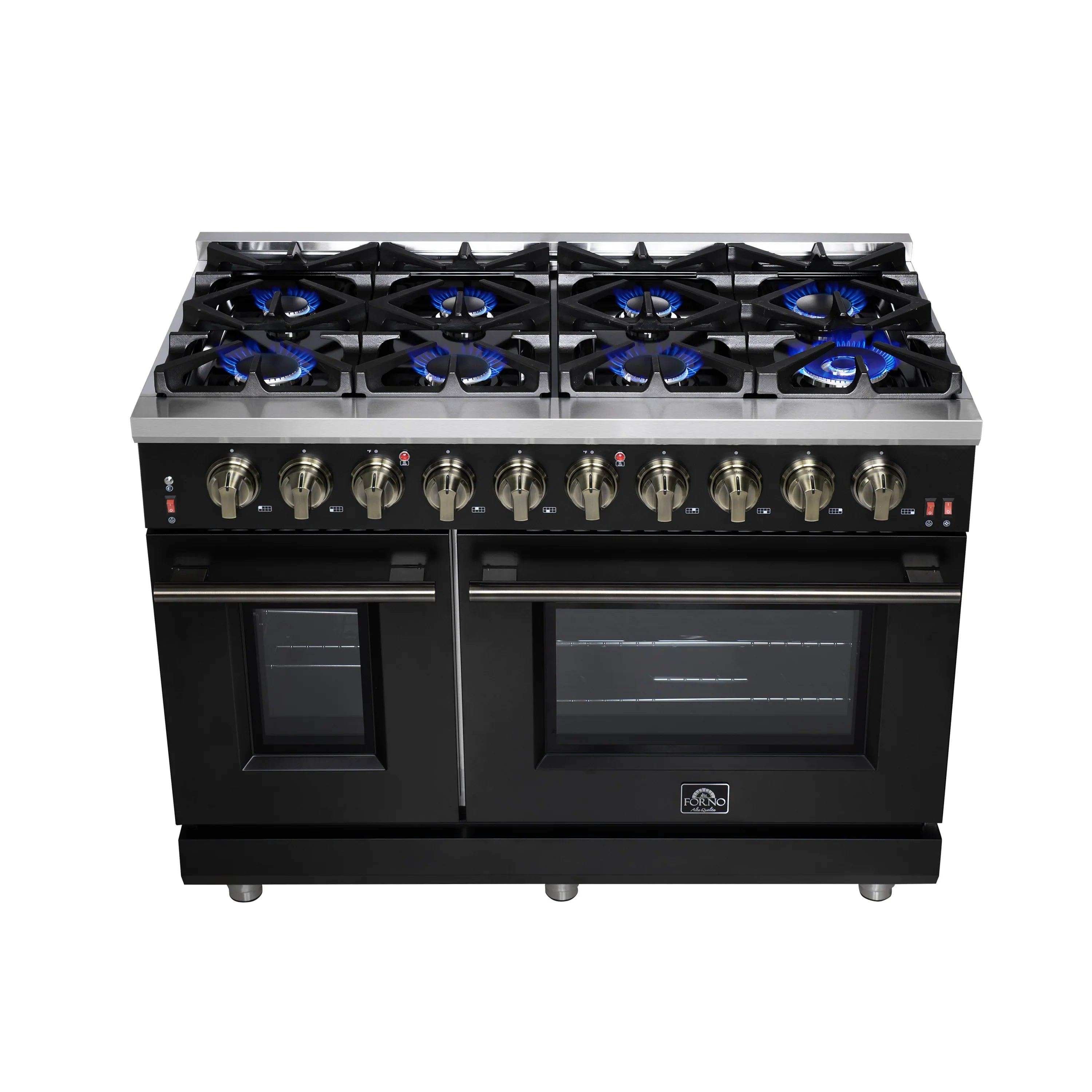 Forno Massimo 48-Inch Freestanding Gas Range with 8 Burners & 6.58 Cu.Ft. Convection Oven in Black with Antique Brass Handle (FFSGS6239-48BLK)