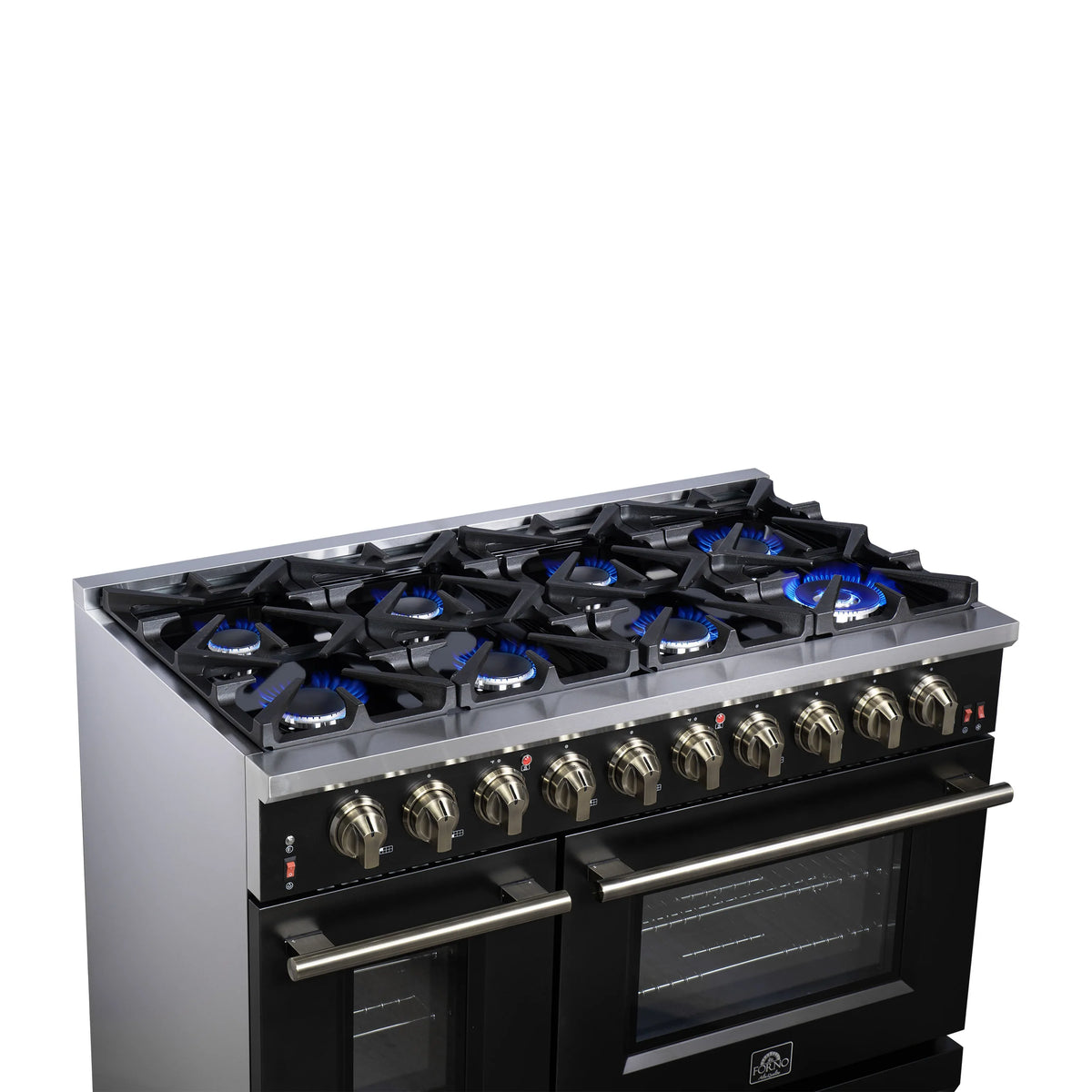 Forno Massimo 48-Inch Freestanding Gas Range, 8 Burners, 6.58 Cu. Ft. Convection Oven, Black with Antique Brass Handle (FFSGS6239-48BLK)
