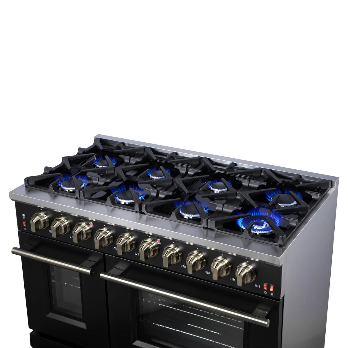 Forno Massimo 48-Inch Freestanding Gas Range, 8 Burners, 6.58 Cu. Ft. Convection Oven, Black with Antique Brass Handle (FFSGS6239-48BLK)