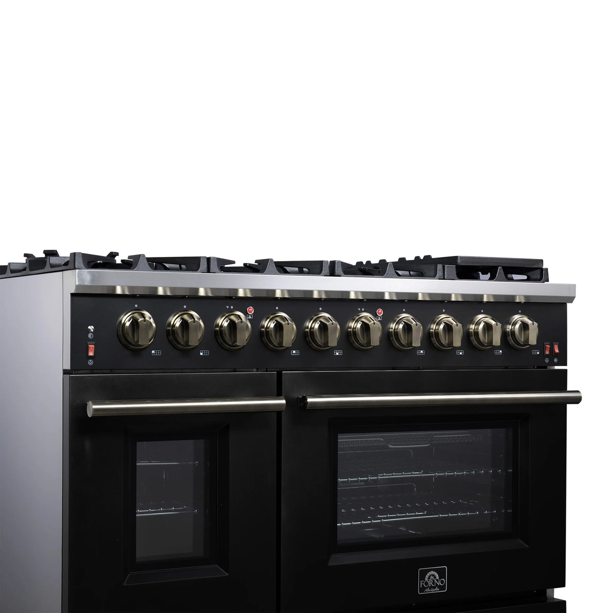 Forno Massimo 48-Inch Freestanding Gas Range, 8 Burners, 6.58 Cu. Ft. Convection Oven, Black with Antique Brass Handle (FFSGS6239-48BLK)