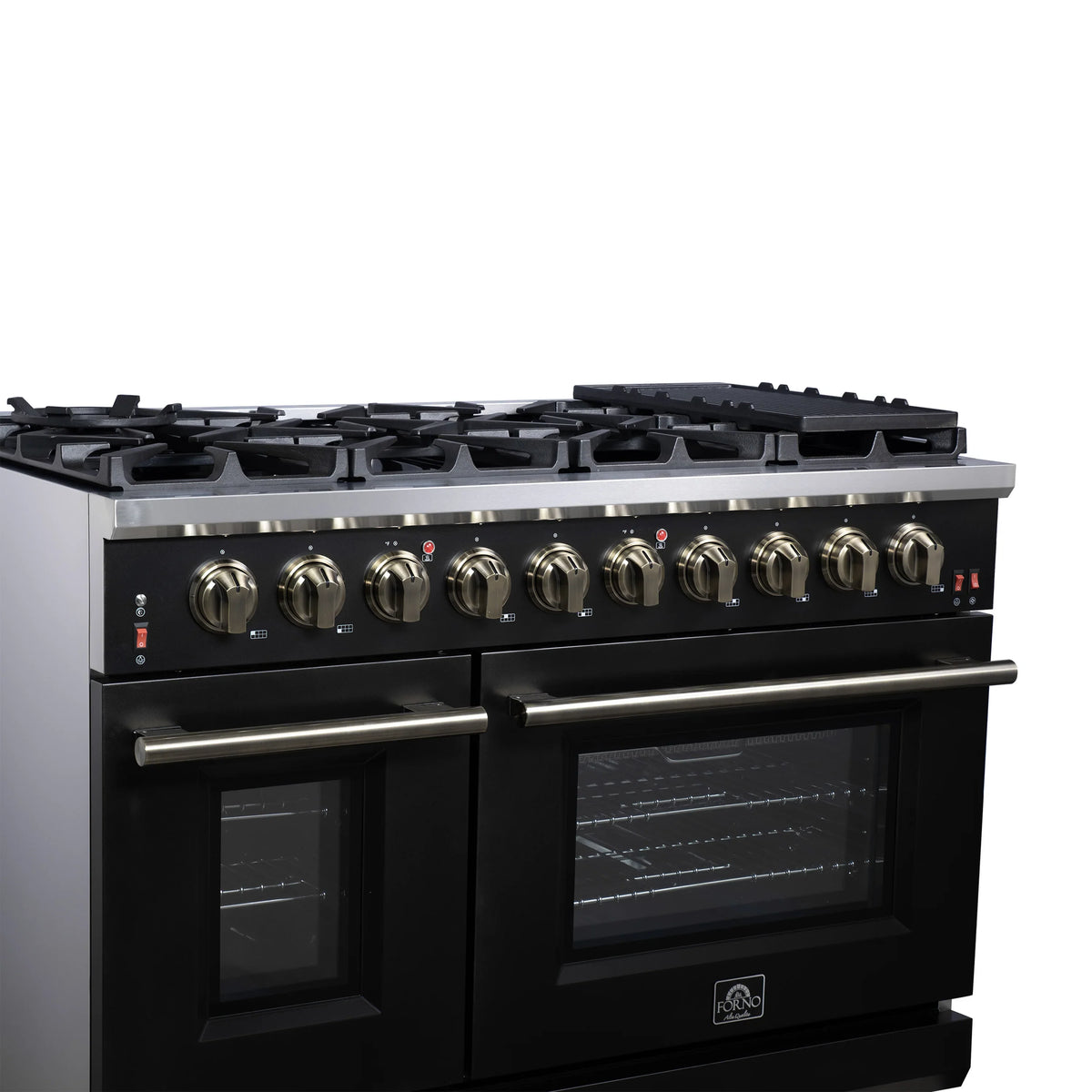 Forno Massimo 48-Inch Freestanding Gas Range, 8 Burners, 6.58 Cu. Ft. Convection Oven, Black with Antique Brass Handle (FFSGS6239-48BLK)