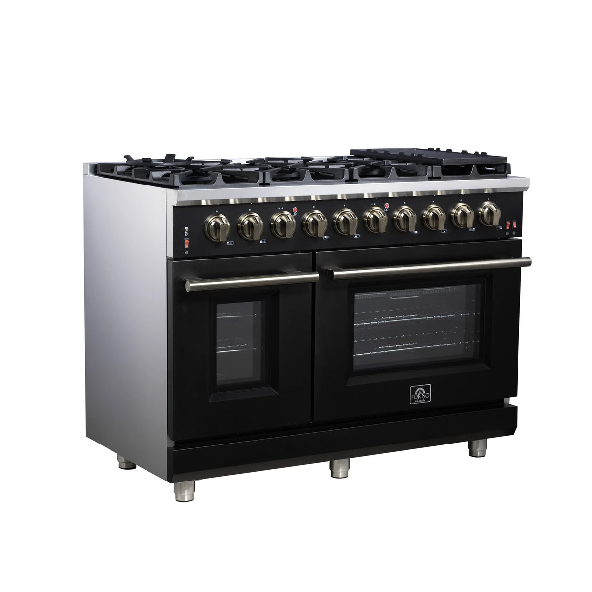 Forno Massimo 48-Inch Freestanding Gas Range, 8 Burners, 6.58 Cu. Ft. Convection Oven, Black with Antique Brass Handle (FFSGS6239-48BLK)