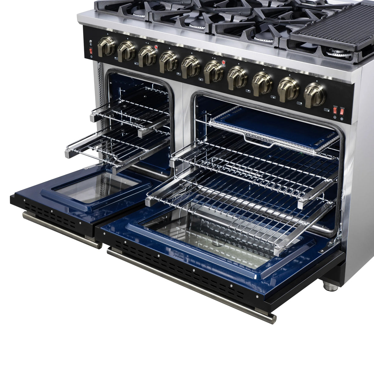 Forno Massimo 48-Inch Freestanding Gas Range, 8 Burners, 6.58 Cu. Ft. Convection Oven, Black with Antique Brass Handle (FFSGS6239-48BLK)