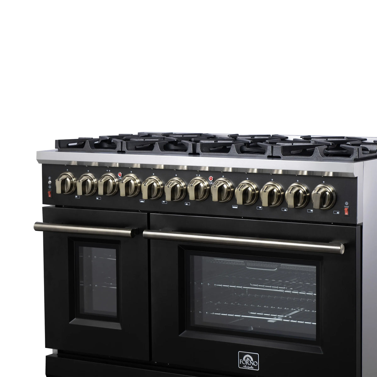 Forno Massimo 48-Inch Freestanding Gas Range, 8 Burners, 6.58 Cu. Ft. Convection Oven, Black with Antique Brass Handle (FFSGS6239-48BLK)