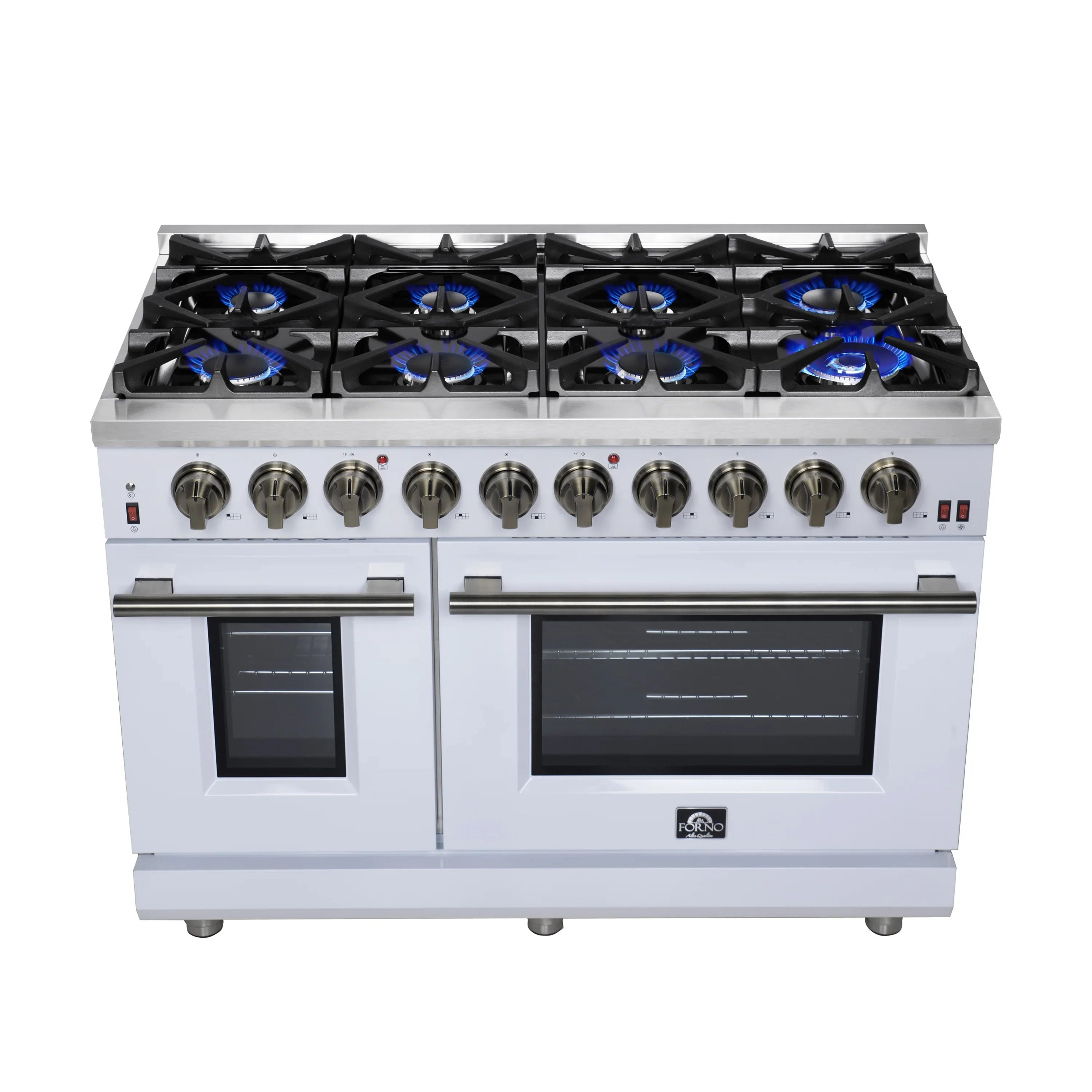 Forno Massimo 48-Inch Freestanding Gas Range with 8 Burners & 6.58 Cu.Ft. Convection Oven in White with Antique Brass Handle (FFSGS6239-48WHT)