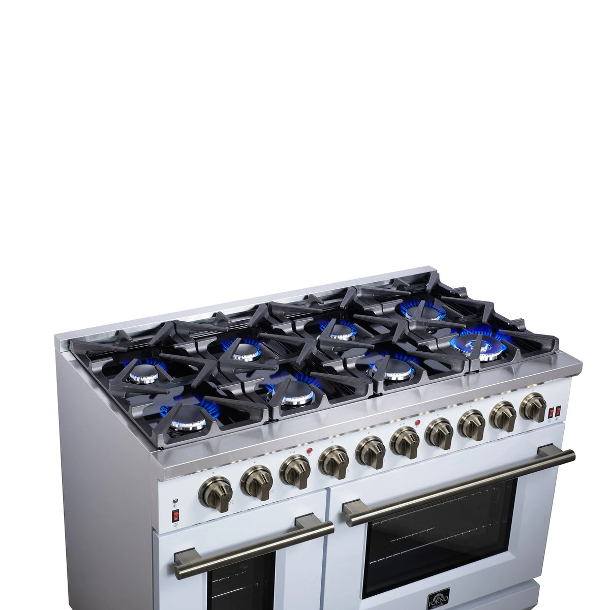 Forno Massimo 48-Inch Freestanding Gas Range, 8 Burners, 6.58 Cu. Ft. Convection Oven, White with Antique Brass Handle (FFSGS6239-48WHT)