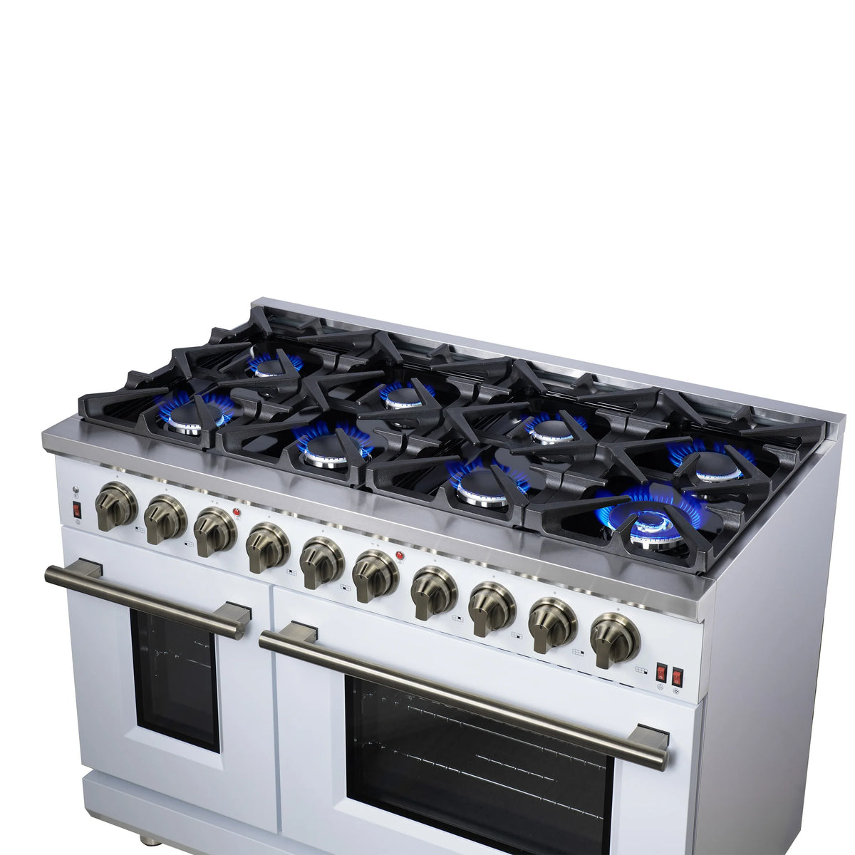 Forno Massimo 48-Inch Freestanding Gas Range, 8 Burners, 6.58 Cu. Ft. Convection Oven, White with Antique Brass Handle (FFSGS6239-48WHT)
