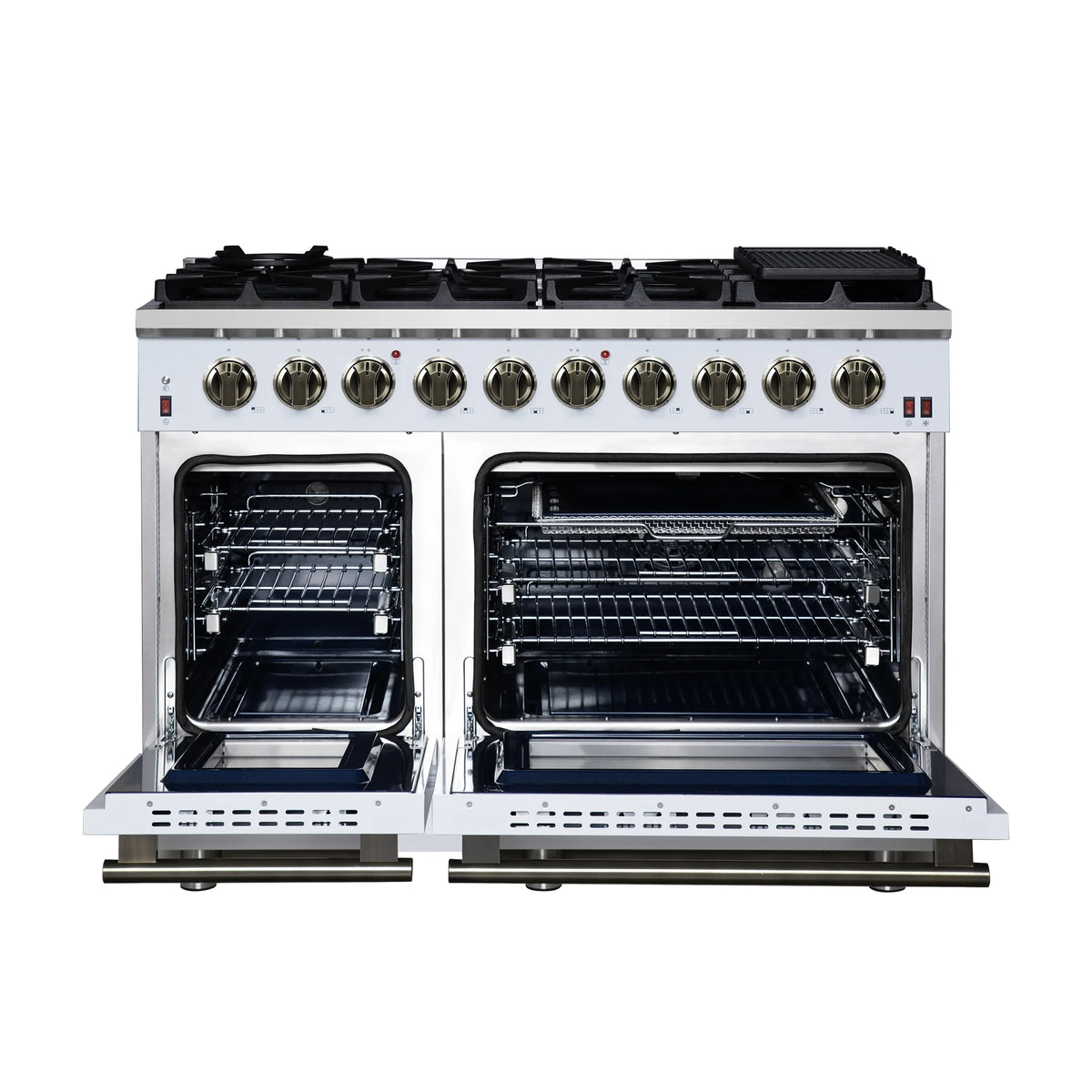 Forno Massimo 48-Inch Freestanding Gas Range, 8 Burners, 6.58 Cu. Ft. Convection Oven, White with Antique Brass Handle (FFSGS6239-48WHT)
