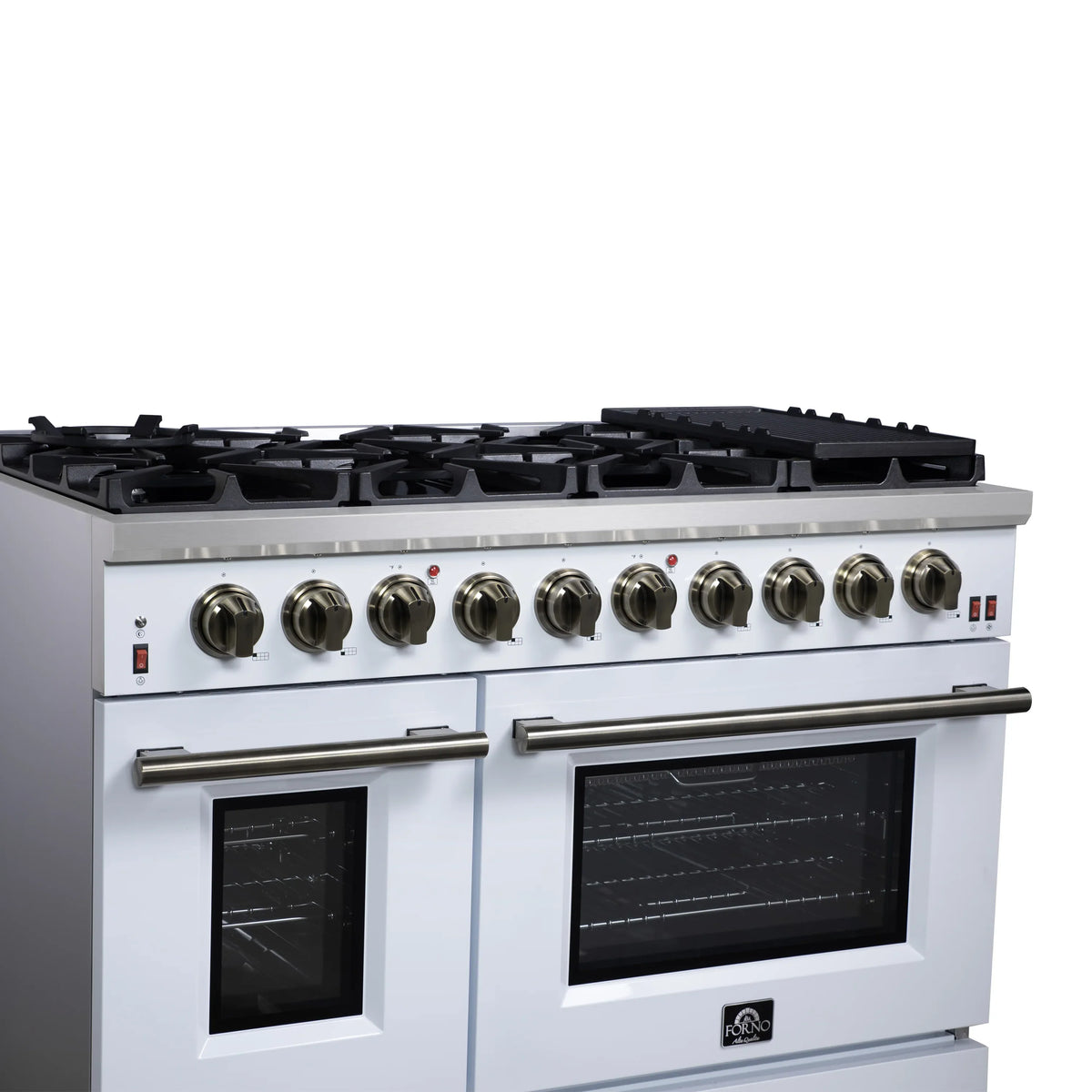 Forno Massimo 48-Inch Freestanding Gas Range, 8 Burners, 6.58 Cu. Ft. Convection Oven, White with Antique Brass Handle (FFSGS6239-48WHT)