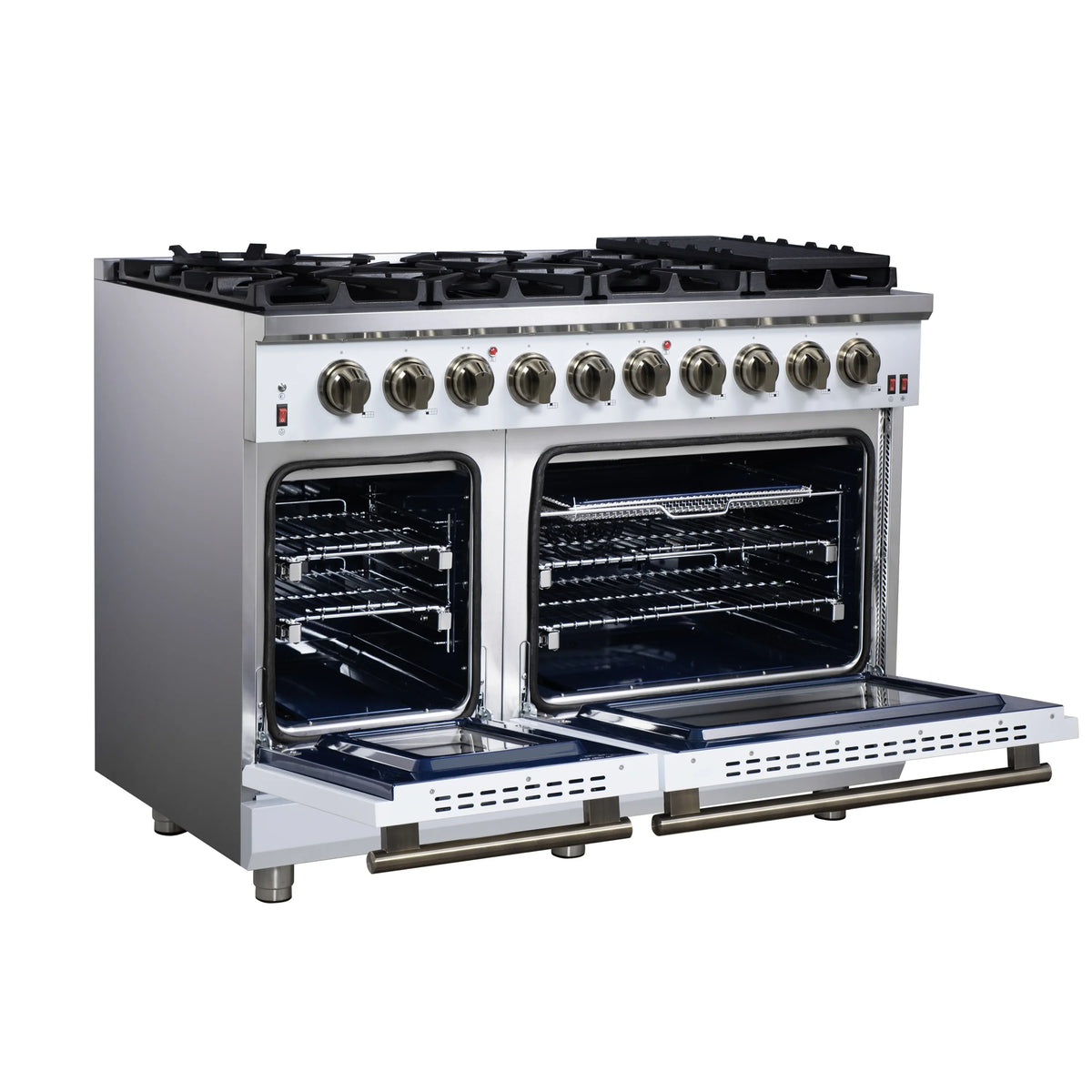 Forno Massimo 48-Inch Freestanding Gas Range, 8 Burners, 6.58 Cu. Ft. Convection Oven, White with Antique Brass Handle (FFSGS6239-48WHT)