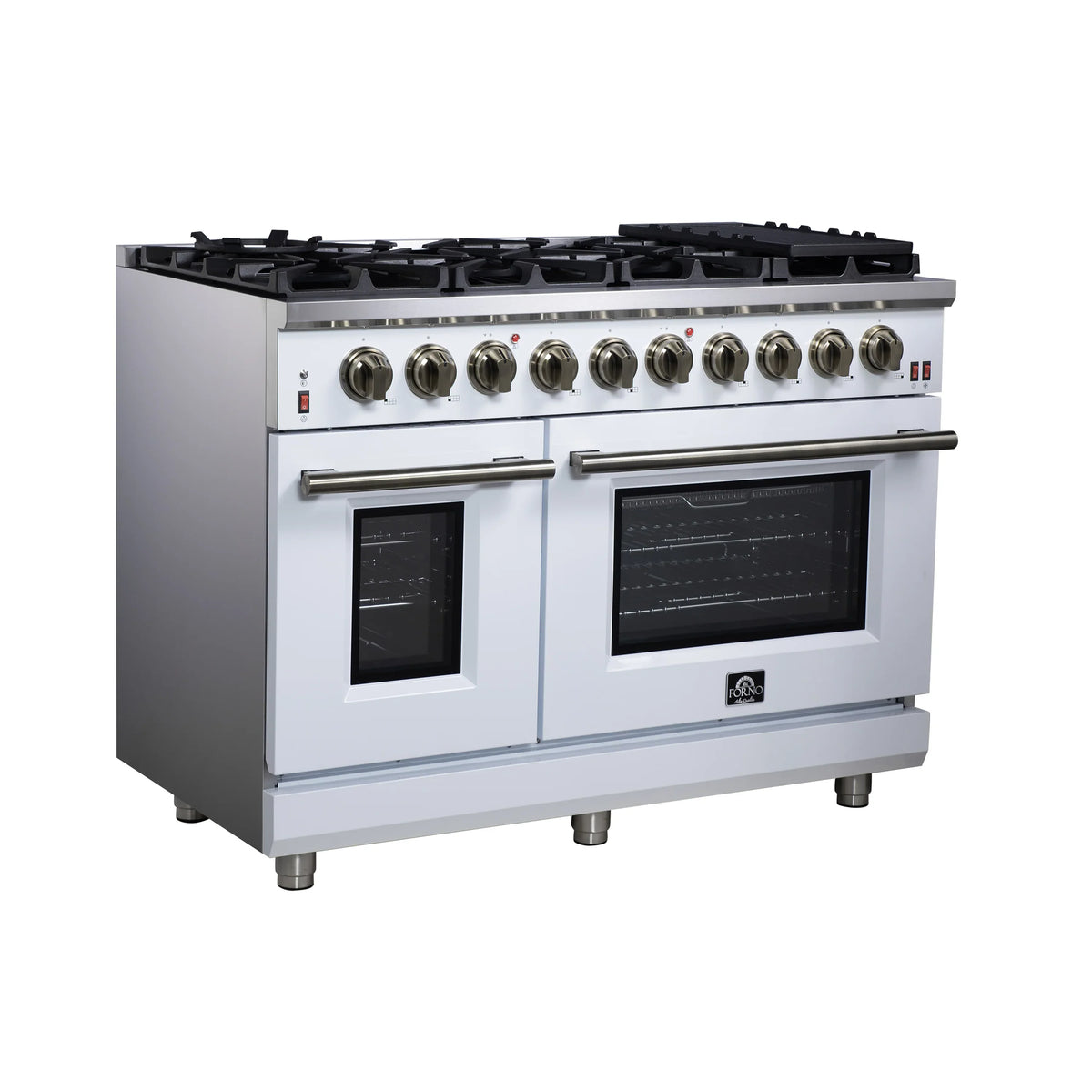 Forno Massimo 48-Inch Freestanding Gas Range, 8 Burners, 6.58 Cu. Ft. Convection Oven, White with Antique Brass Handle (FFSGS6239-48WHT)