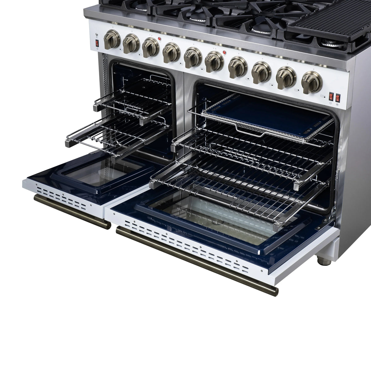 Forno Massimo 48-Inch Freestanding Gas Range, 8 Burners, 6.58 Cu. Ft. Convection Oven, White with Antique Brass Handle (FFSGS6239-48WHT)