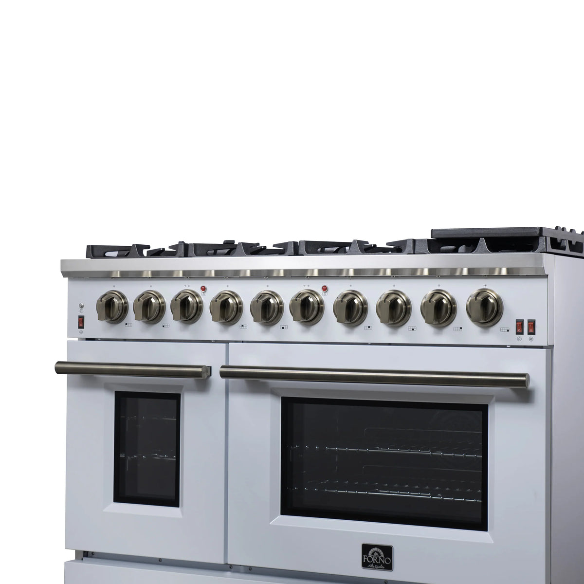 Forno Massimo 48-Inch Freestanding Gas Range, 8 Burners, 6.58 Cu. Ft. Convection Oven, White with Antique Brass Handle (FFSGS6239-48WHT)