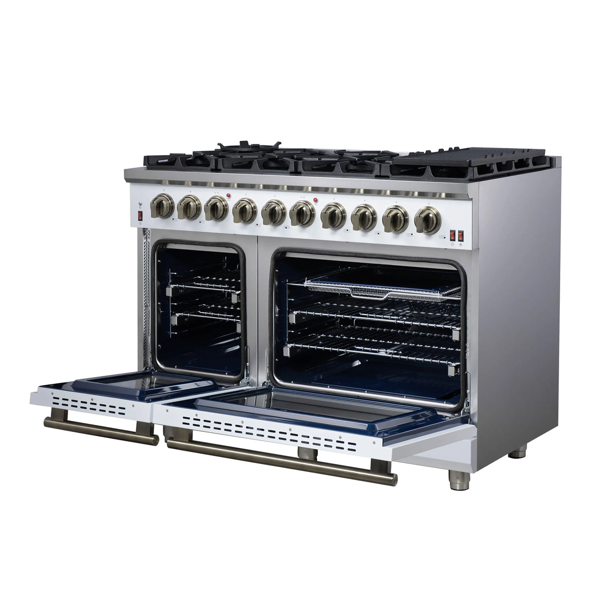 Forno Massimo 48-Inch Freestanding Gas Range, 8 Burners, 6.58 Cu. Ft. Convection Oven, White with Antique Brass Handle (FFSGS6239-48WHT)