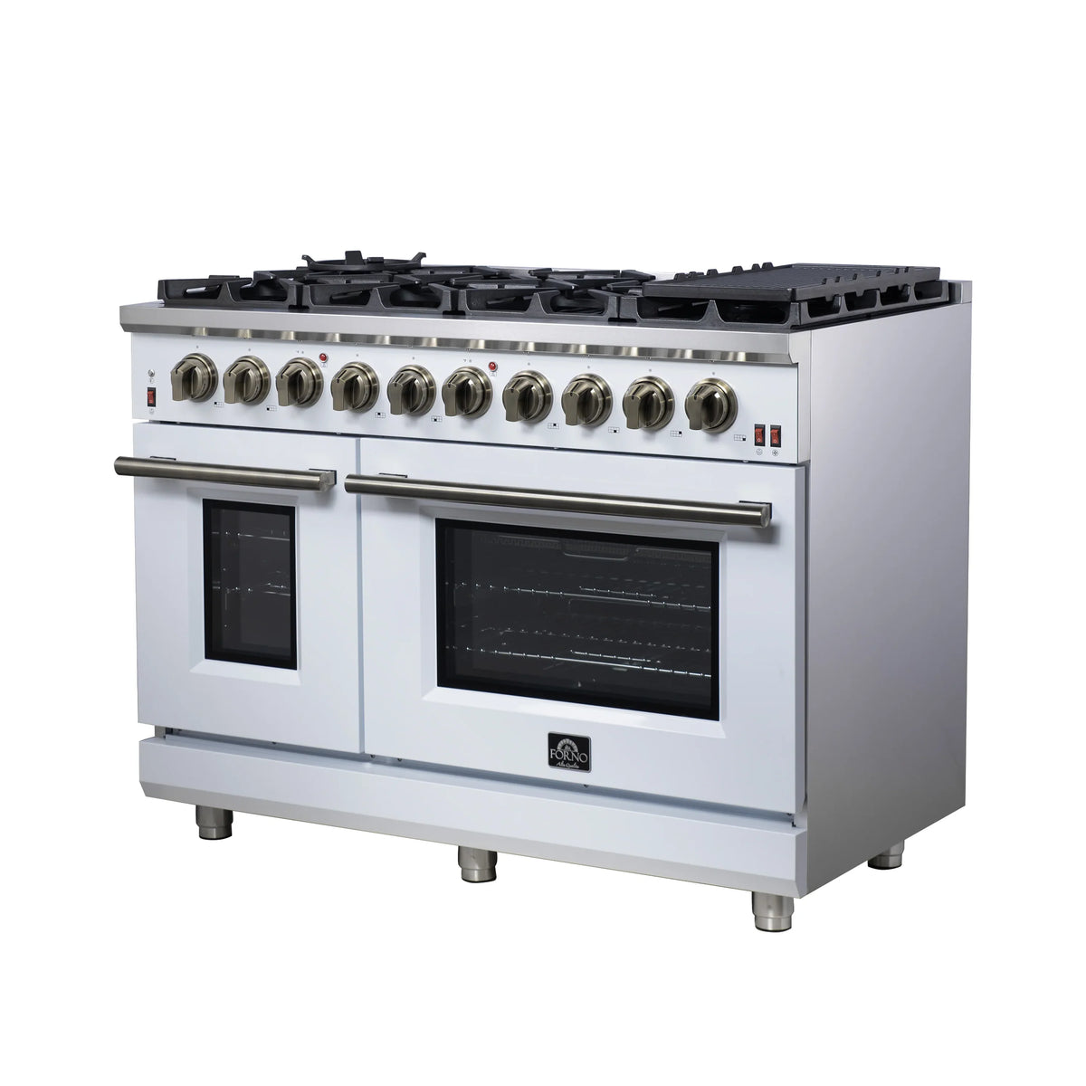 Forno Massimo 48-Inch Freestanding Gas Range, 8 Burners, 6.58 Cu. Ft. Convection Oven, White with Antique Brass Handle (FFSGS6239-48WHT)