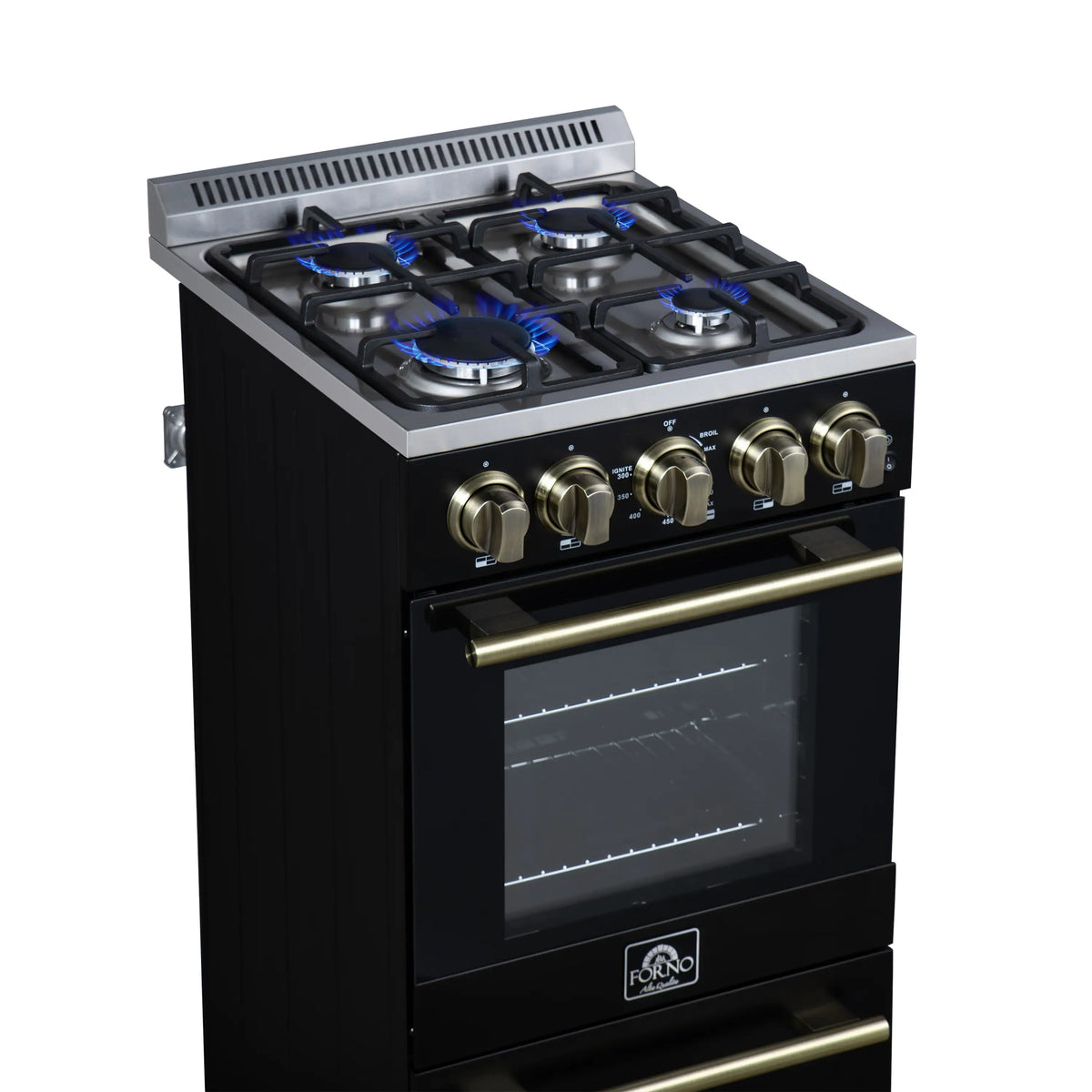 Forno Lamazze 20-Inch Freestanding Gas Range, Black with Antique Brass Trim (FFSGS6265-20BLK)