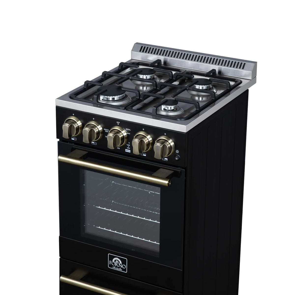 Forno Lamazze 20-Inch Freestanding Gas Range, Black with Antique Brass Trim (FFSGS6265-20BLK)
