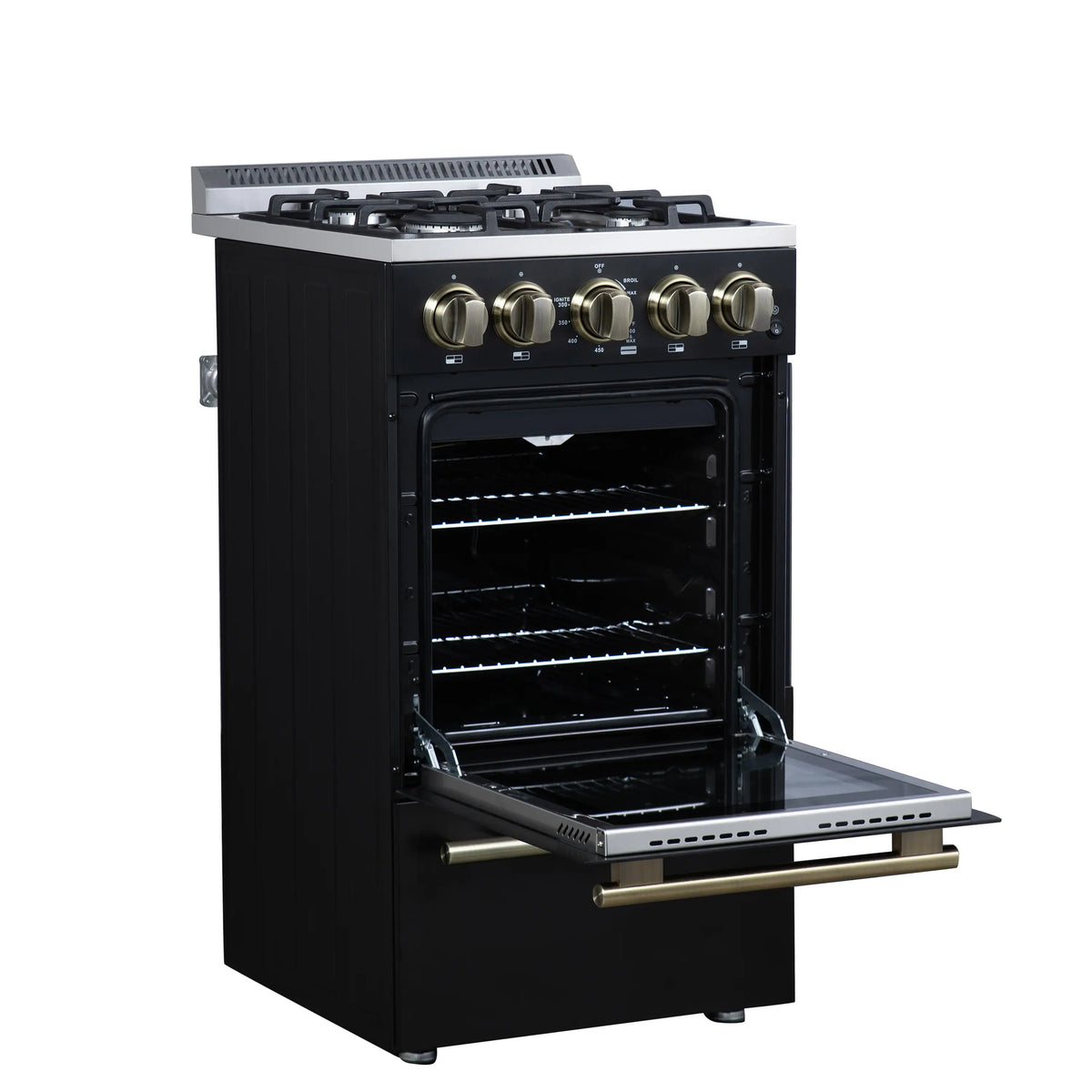 Forno Lamazze 20-Inch Freestanding Gas Range, Black with Antique Brass Trim (FFSGS6265-20BLK)