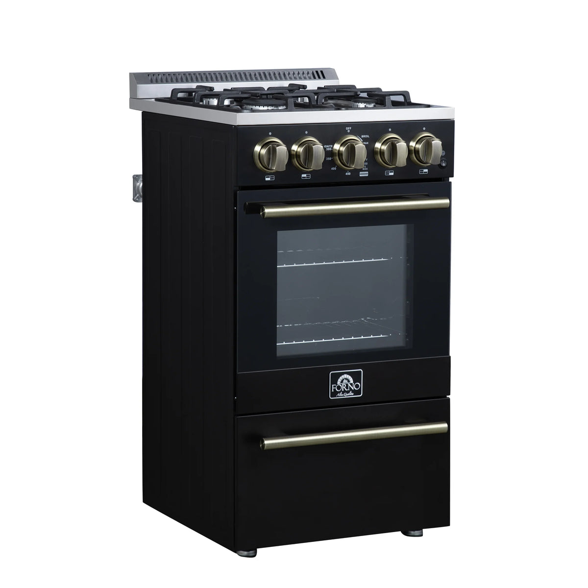 Forno Lamazze 20-Inch Freestanding Gas Range, Black with Antique Brass Trim (FFSGS6265-20BLK)