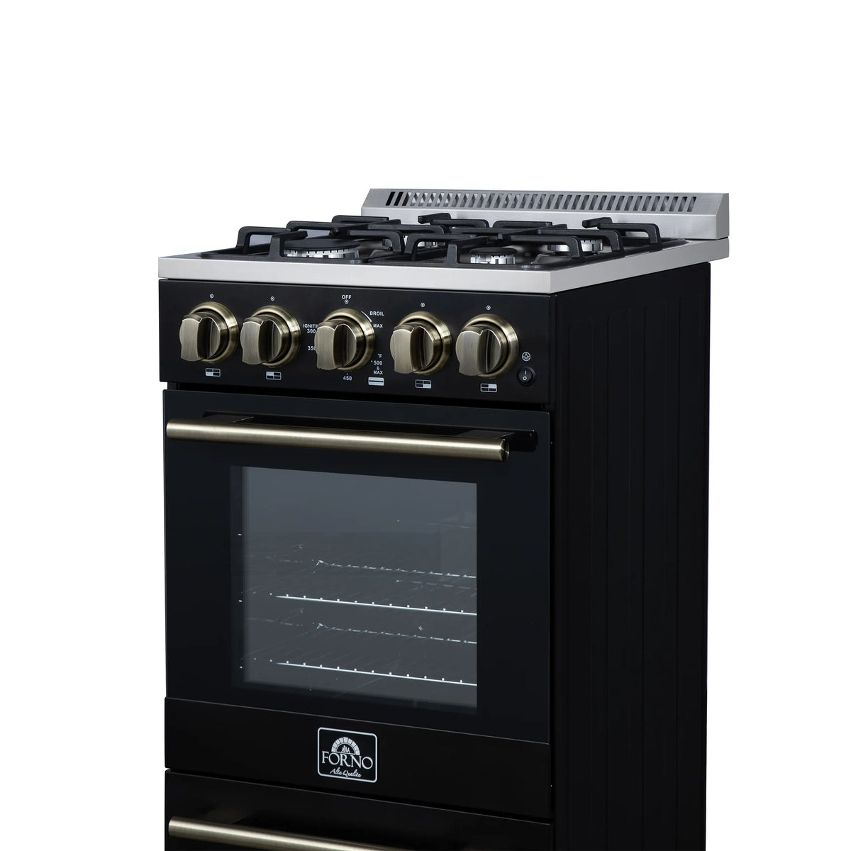 Forno Lamazze 20-Inch Freestanding Gas Range, Black with Antique Brass Trim (FFSGS6265-20BLK)