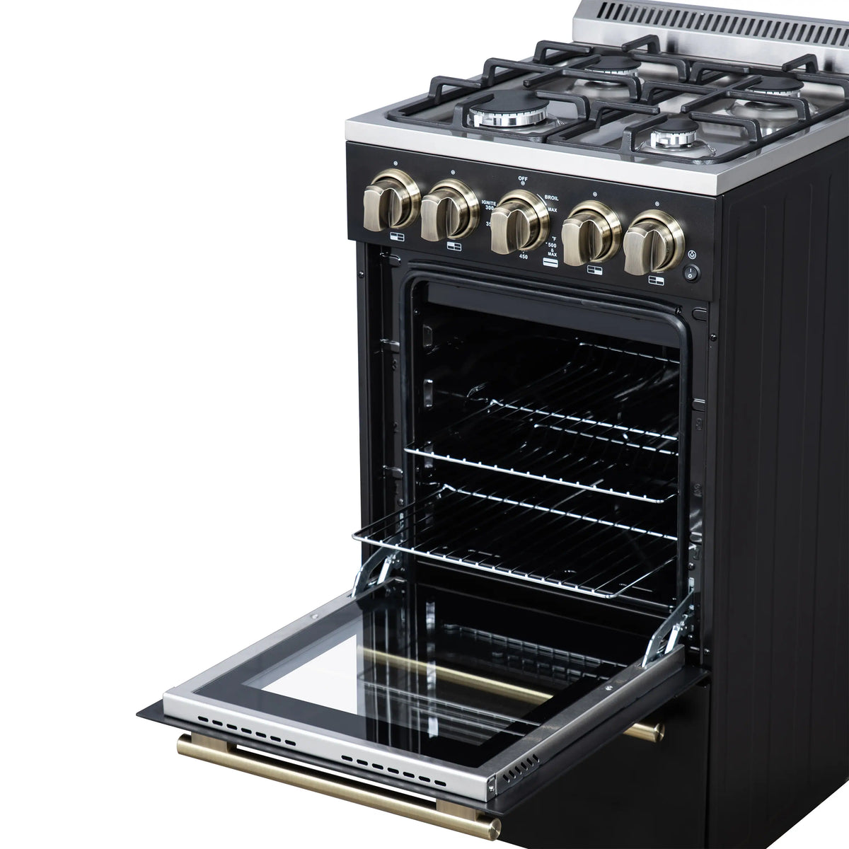 Forno Lamazze 20-Inch Freestanding Gas Range, Black with Antique Brass Trim (FFSGS6265-20BLK)