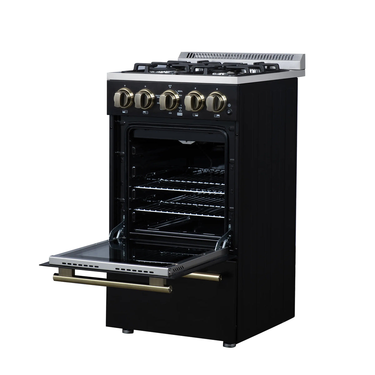 Forno Lamazze 20-Inch Freestanding Gas Range, Black with Antique Brass Trim (FFSGS6265-20BLK)