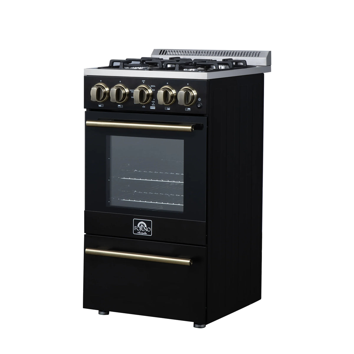 Forno Lamazze 20-Inch Freestanding Gas Range, Black with Antique Brass Trim (FFSGS6265-20BLK)