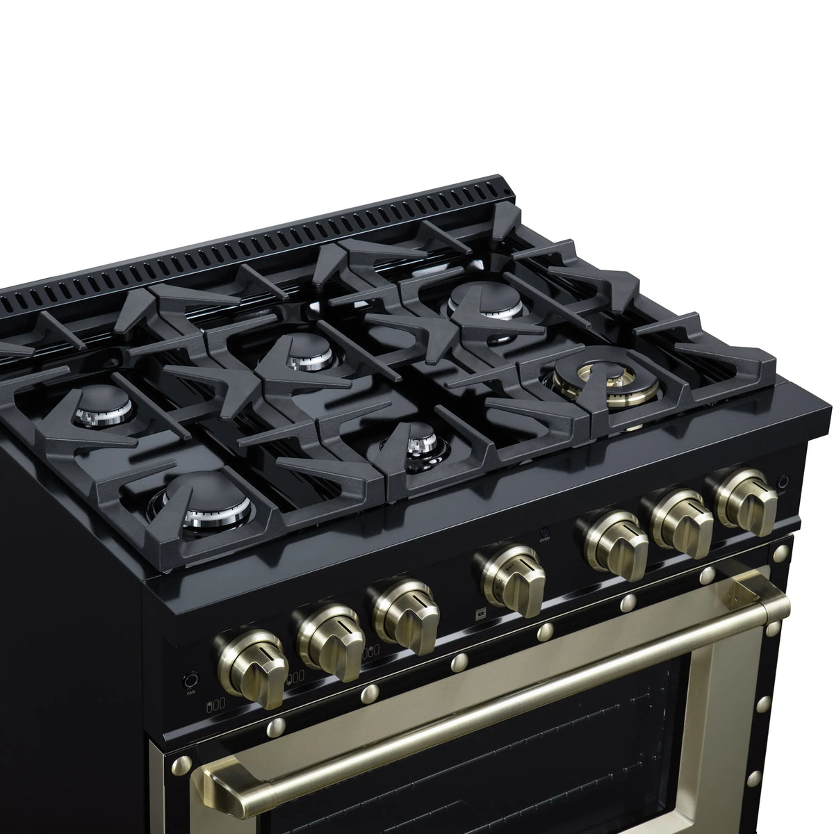 Forno Valente 36-Inch Gas Range, 71,000 BTU, 5.2 Cu. Ft. Convection Oven, Black with Antique Brass Handle and Copper Trim (FFSGS6299-36CPBLK)
