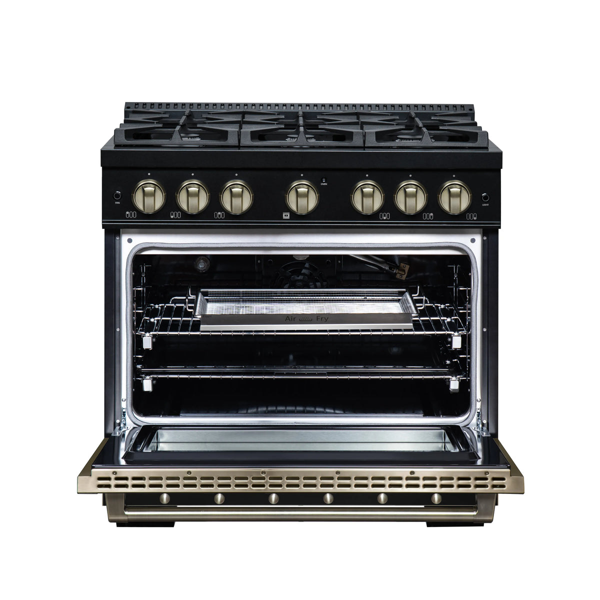 Forno Valente 36-Inch Gas Range, 71,000 BTU, 5.2 Cu. Ft. Convection Oven, Black with Antique Brass Handle and Copper Trim (FFSGS6299-36CPBLK)