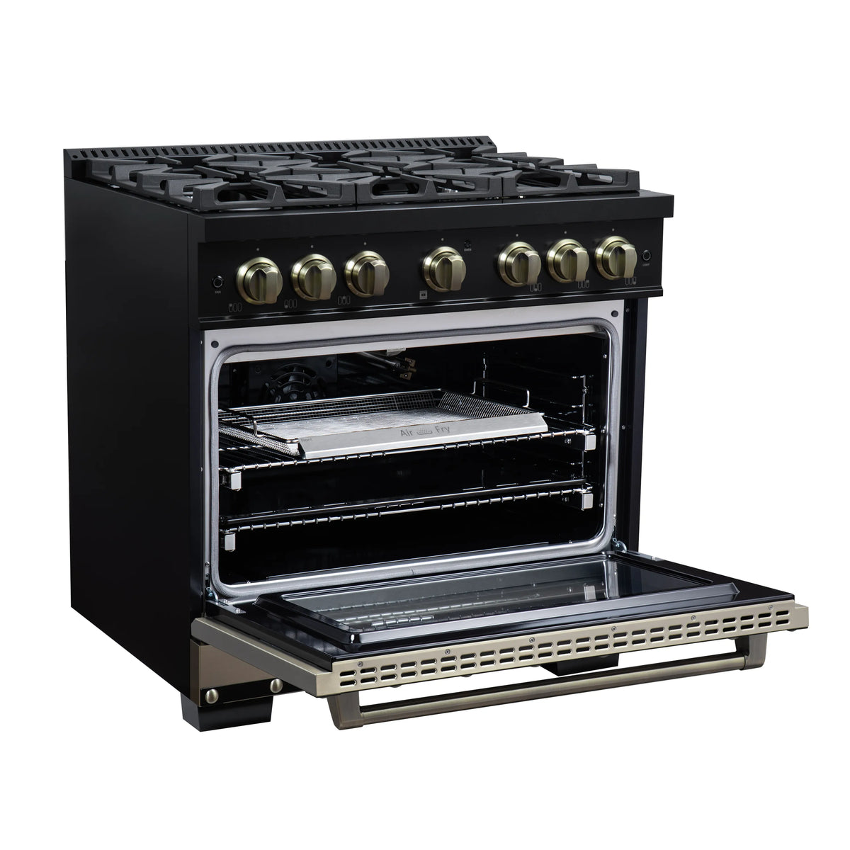 Forno Valente 36-Inch Gas Range, 71,000 BTU, 5.2 Cu. Ft. Convection Oven, Black with Antique Brass Handle and Copper Trim (FFSGS6299-36CPBLK)