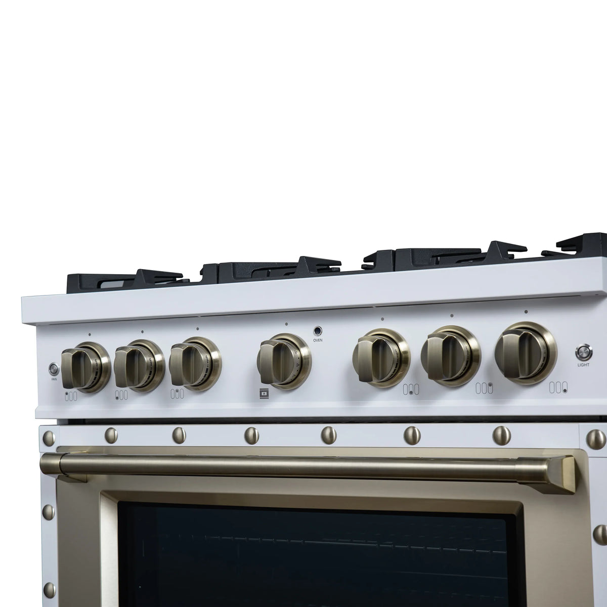 Forno Valente 36-Inch Gas Range, 71,000 BTU, 5.2 Cu. Ft. Convection Oven, White with Antique Brass Handle and Copper Trim (FFSGS6299-36CPWHT)
