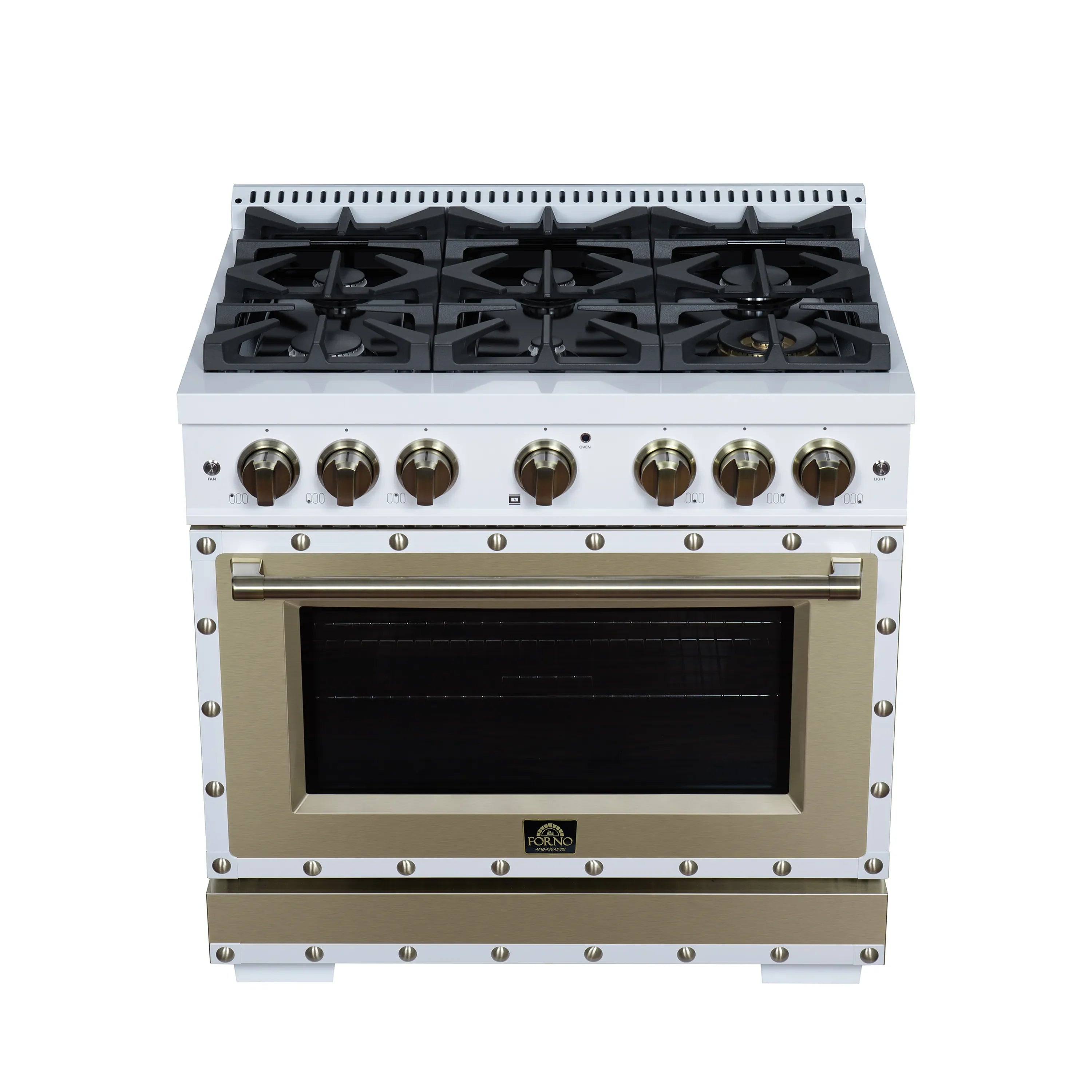 FORNO Valente 36-Inch Gas Range in White with Antique Brass Handle and Decorative Copper Trim, 5.2 Cu.Ft. Convection Oven, 6 Sealed Burnes, 71 000 BTU Cooktop Output, Telescopic Racks (FFSGS6299-36CPWHT)