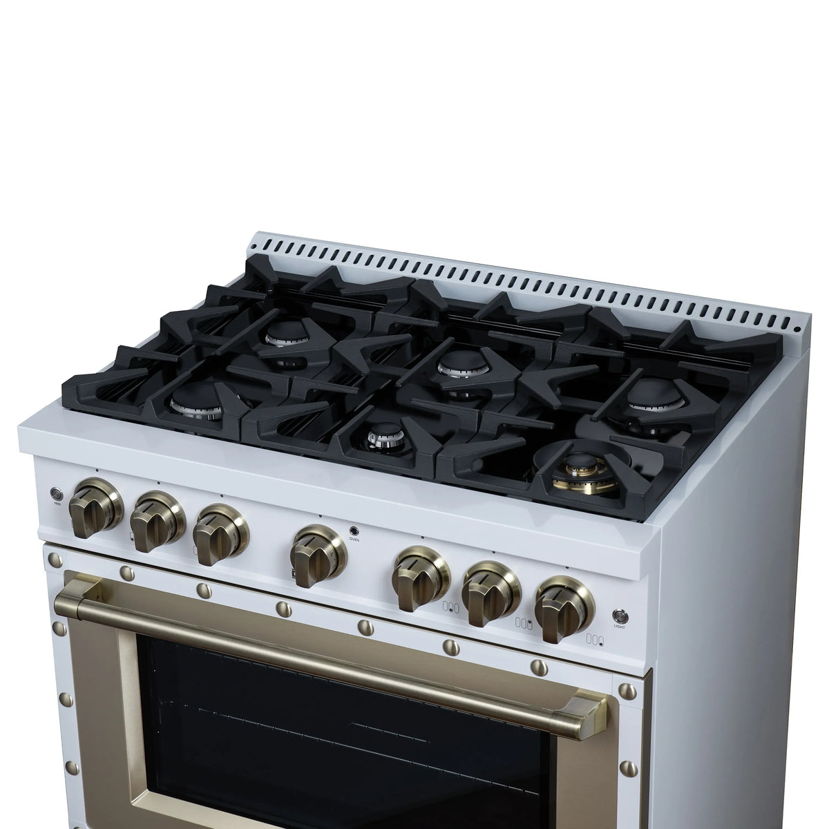 Forno Valente 36-Inch Gas Range, 71,000 BTU, 5.2 Cu. Ft. Convection Oven, White with Antique Brass Handle and Copper Trim (FFSGS6299-36CPWHT)