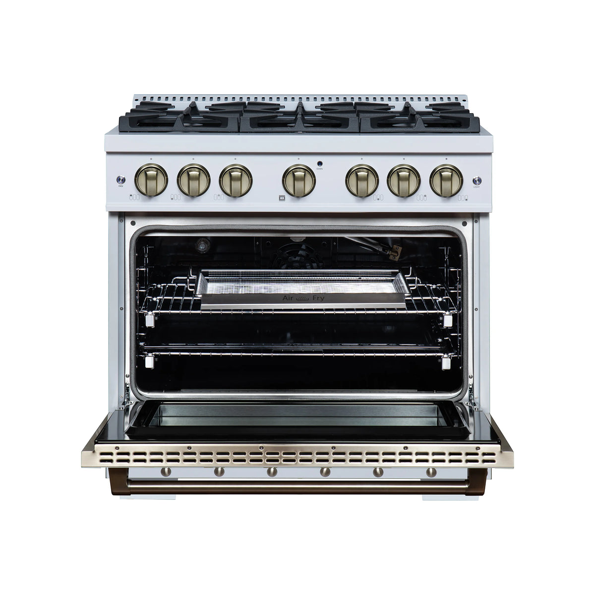 Forno Valente 36-Inch Gas Range, 71,000 BTU, 5.2 Cu. Ft. Convection Oven, White with Antique Brass Handle and Copper Trim (FFSGS6299-36CPWHT)