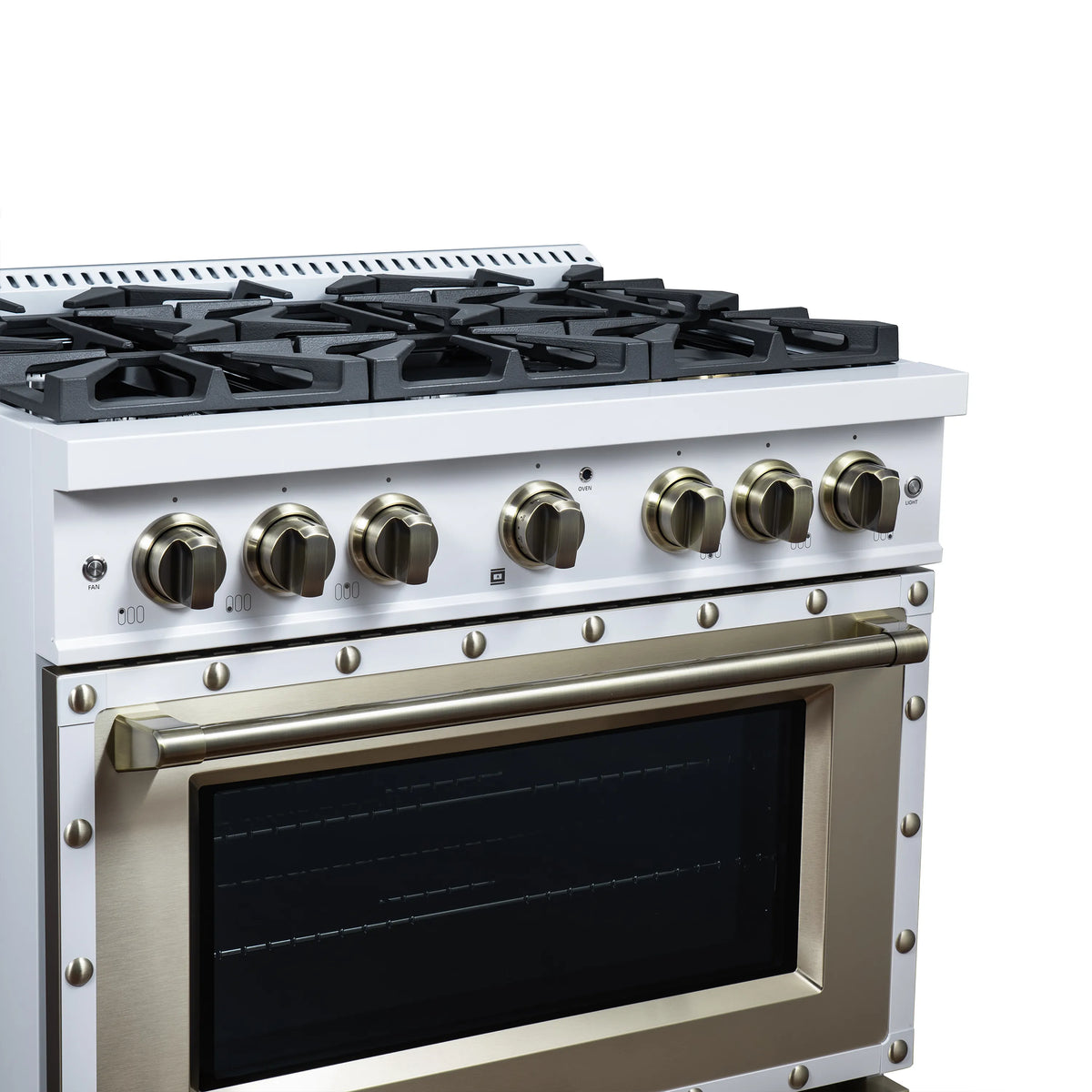 Forno Valente 36-Inch Gas Range, 71,000 BTU, 5.2 Cu. Ft. Convection Oven, White with Antique Brass Handle and Copper Trim (FFSGS6299-36CPWHT)