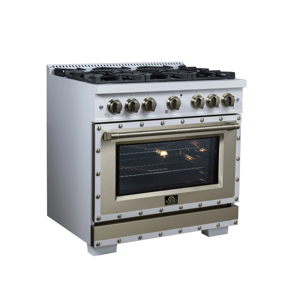 Forno Valente 36-Inch Gas Range, 71,000 BTU, 5.2 Cu. Ft. Convection Oven, White with Antique Brass Handle and Copper Trim (FFSGS6299-36CPWHT)