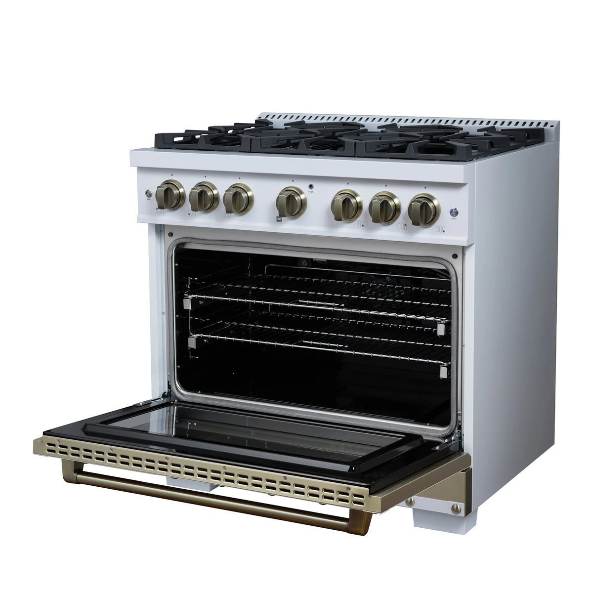 Forno Valente 36-Inch Gas Range, 71,000 BTU, 5.2 Cu. Ft. Convection Oven, White with Antique Brass Handle and Copper Trim (FFSGS6299-36CPWHT)