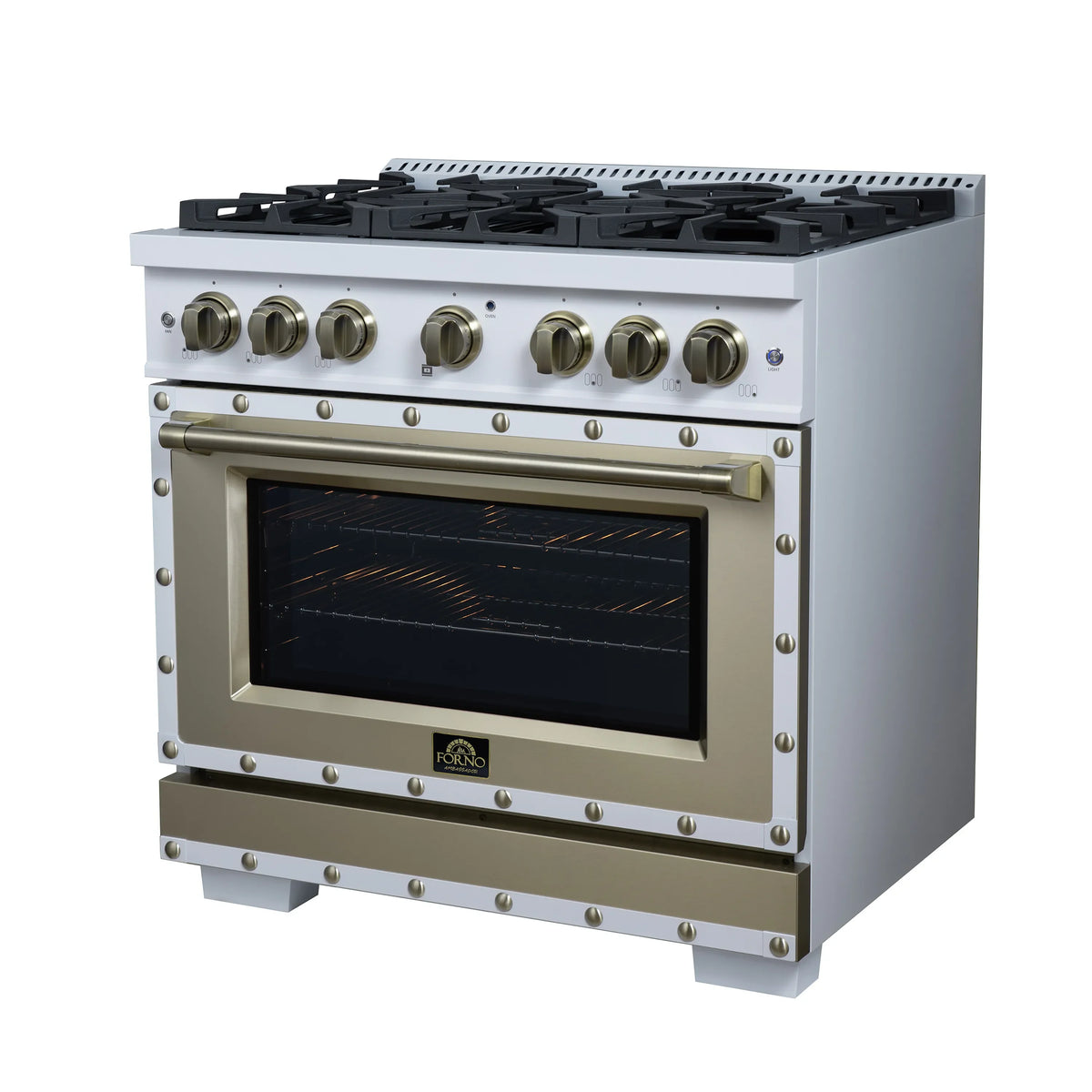 Forno Valente 36-Inch Gas Range, 71,000 BTU, 5.2 Cu. Ft. Convection Oven, White with Antique Brass Handle and Copper Trim (FFSGS6299-36CPWHT)